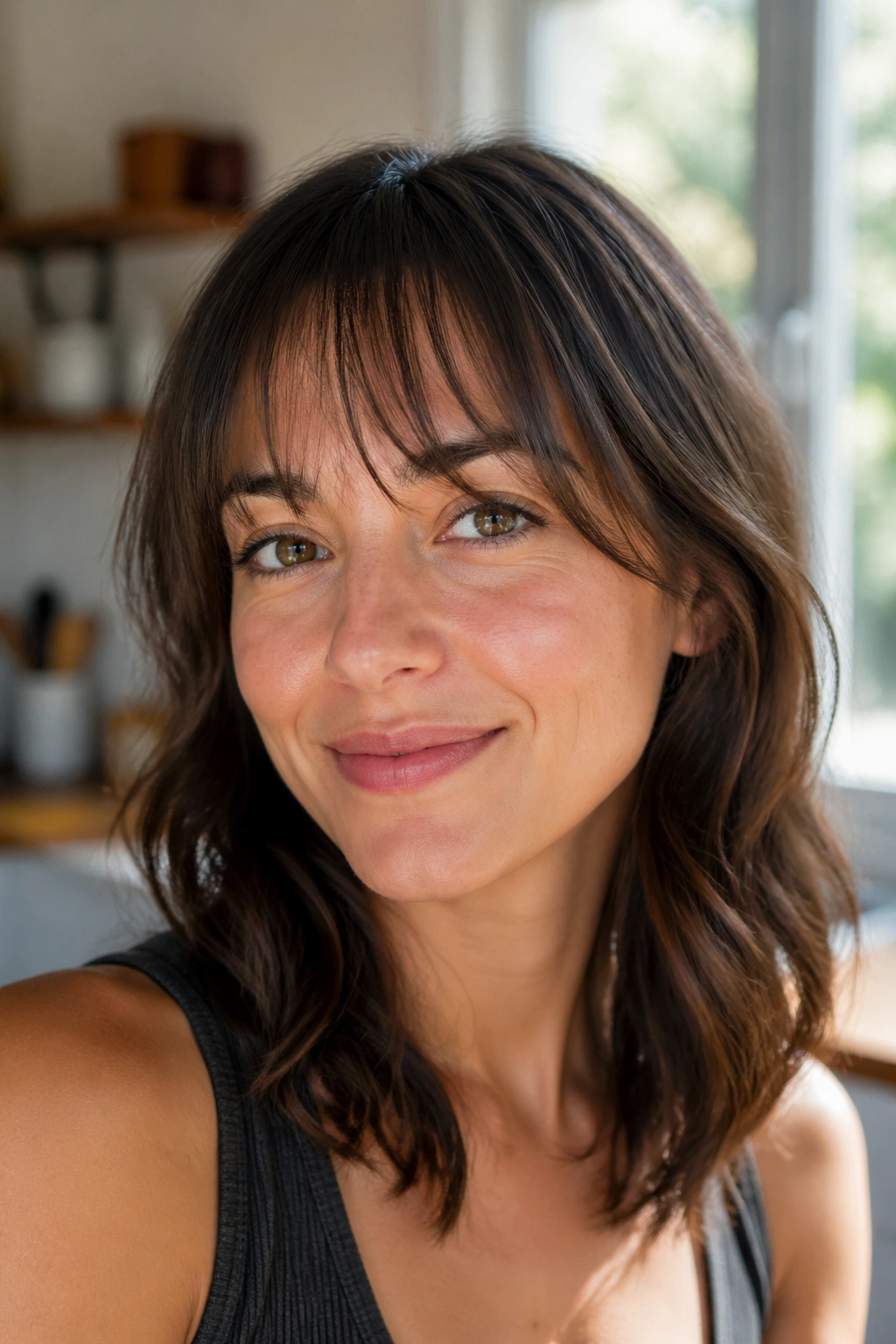 Real person with wispy brow-skimming bangs in natural light