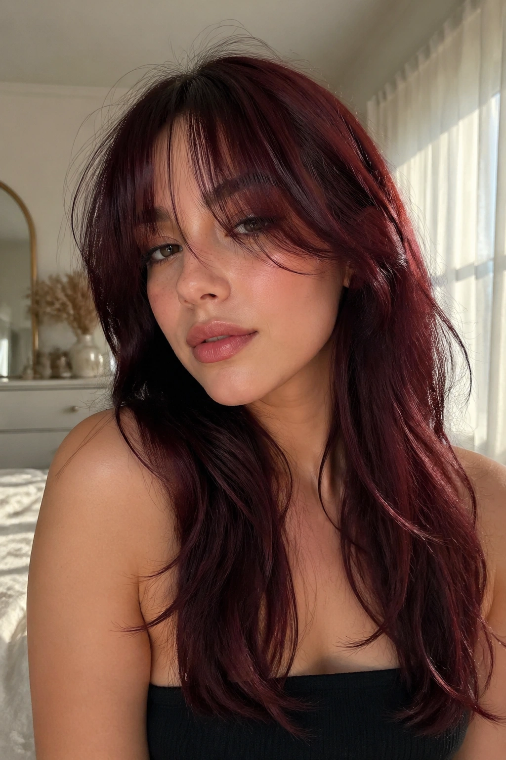 Real woman with wispy long bangs on deep burgundy hair.