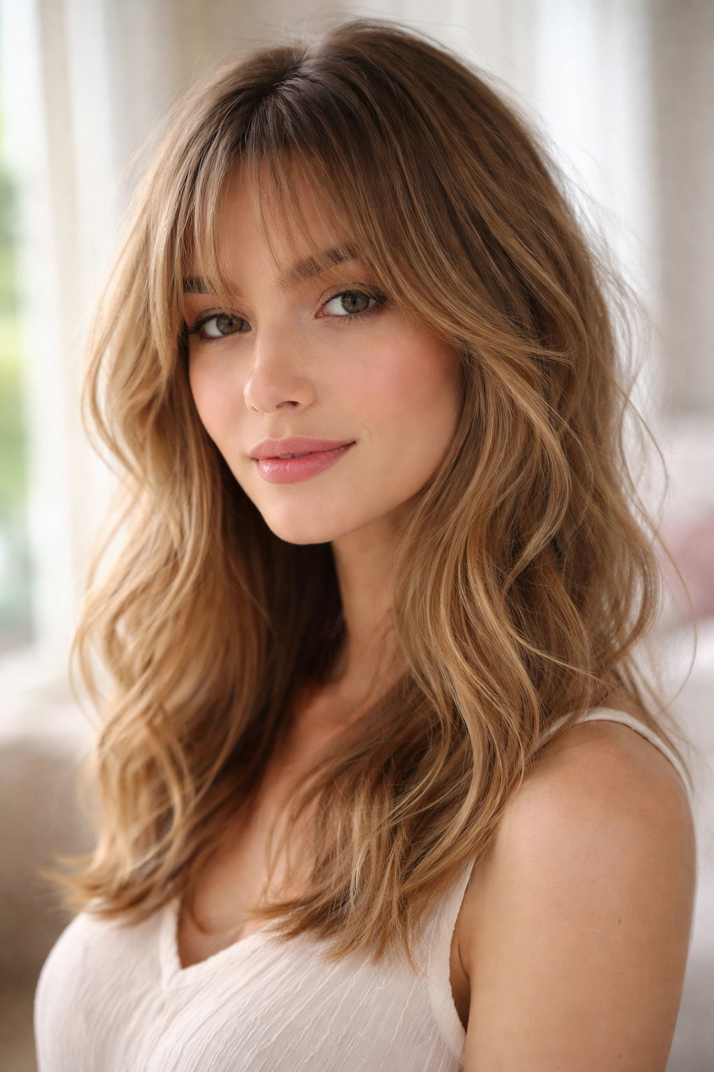 Close-up of a real woman with wispy curtain bangs on fine wavy hair.