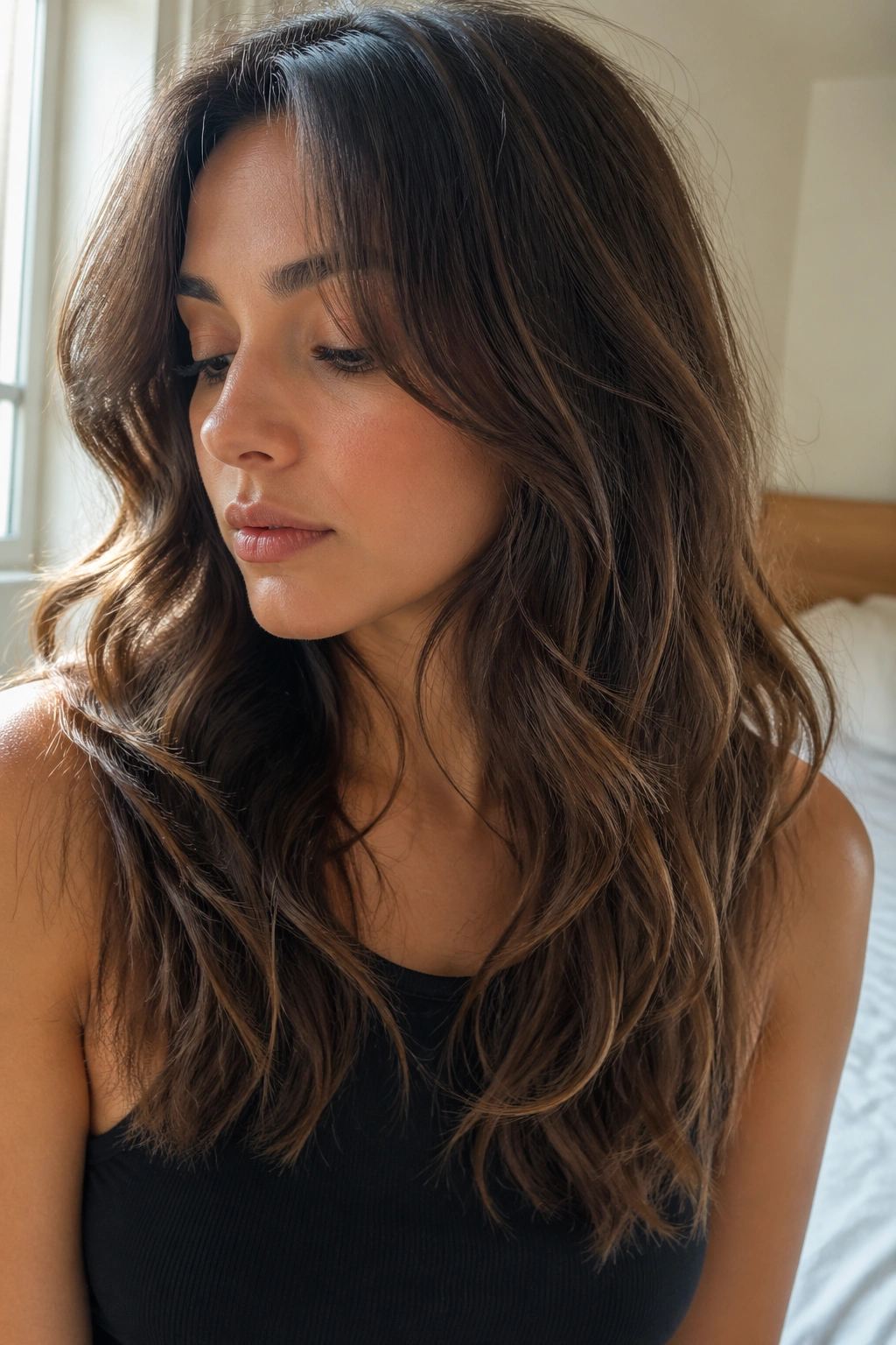 Close-up of a woman showing wispy end hair on waves