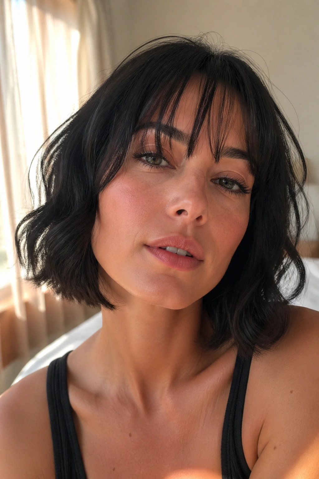 Close-up of a real woman with wispy fringe and wavy bob