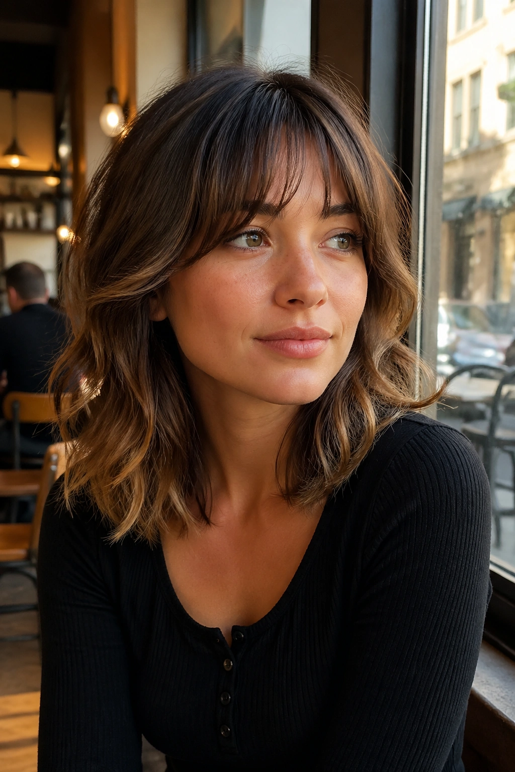 Close-up of a real woman with wispy fringe shag and soft forehead bangs.
