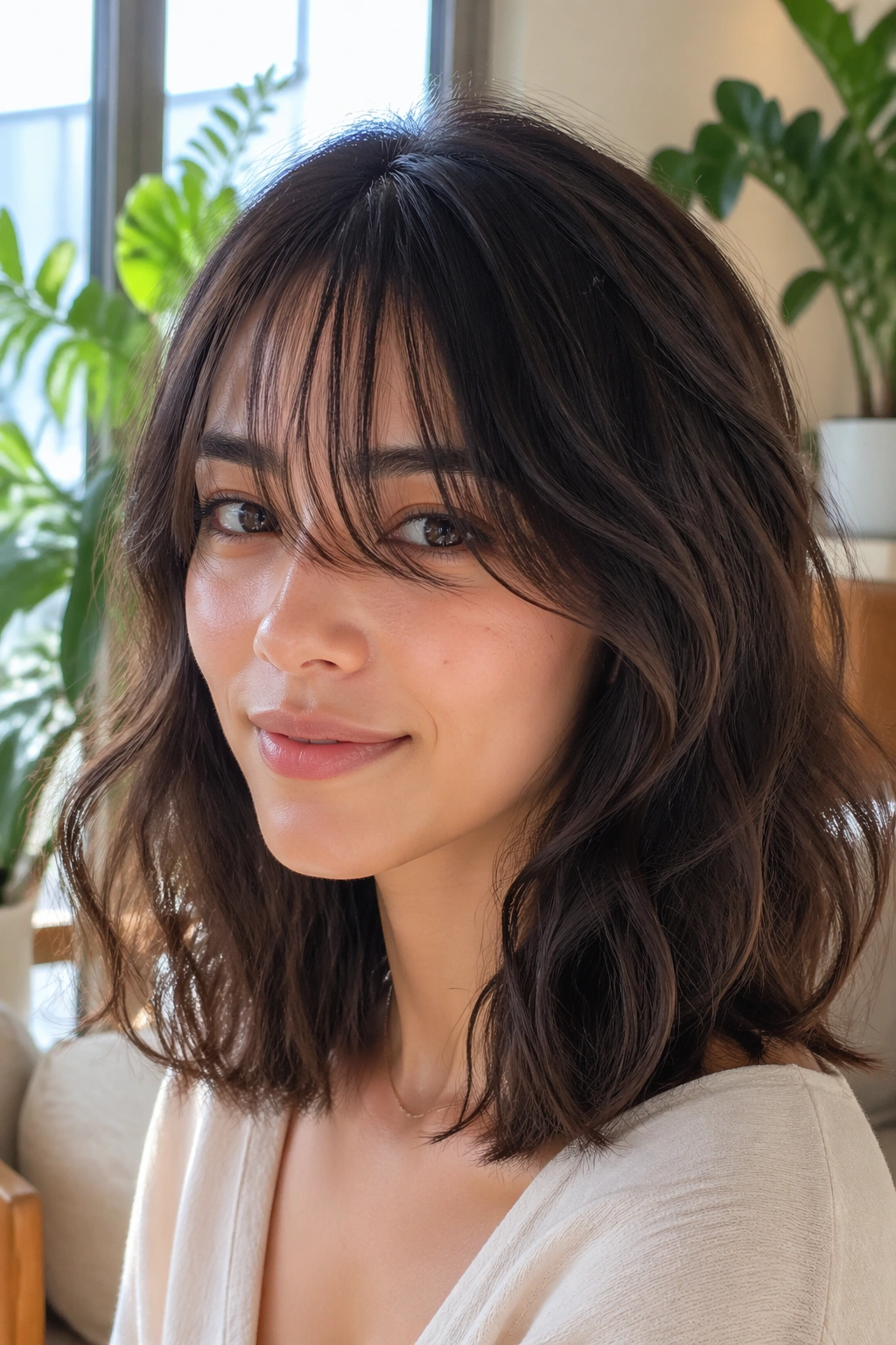 Portrait of a woman with wispy fringe and mid-length waves.
