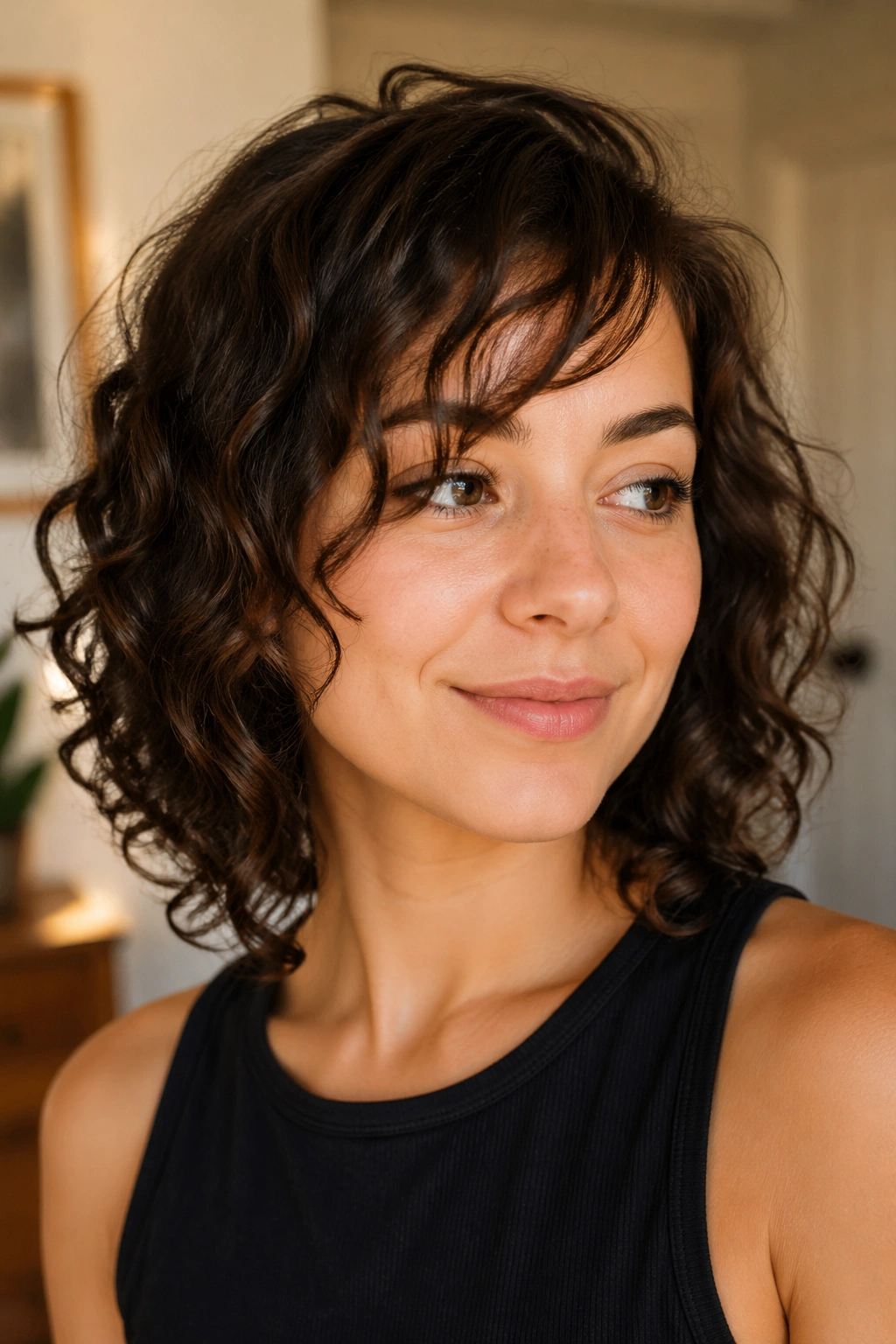 Close-up of a real woman with wispy side bangs on fine curls in soft window light