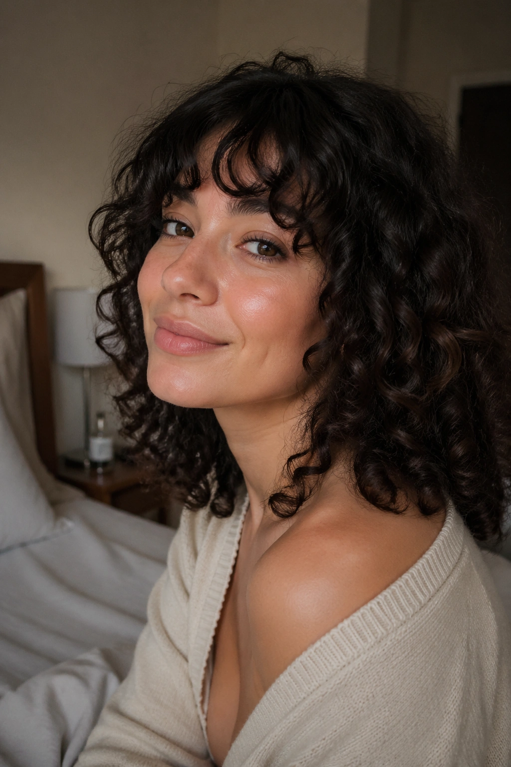 Close-up of a real woman with wispy textured bangs following natural curl direction.
