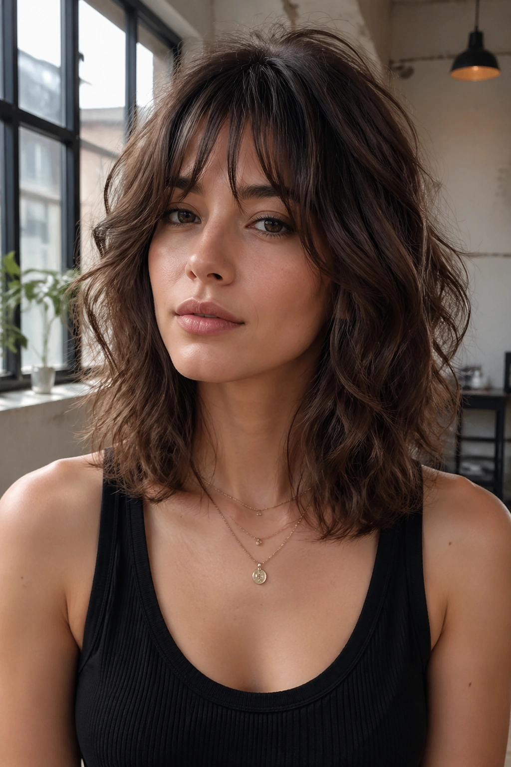 Real person with soft wolf-butterfly hybrid at shoulder length in loft lighting