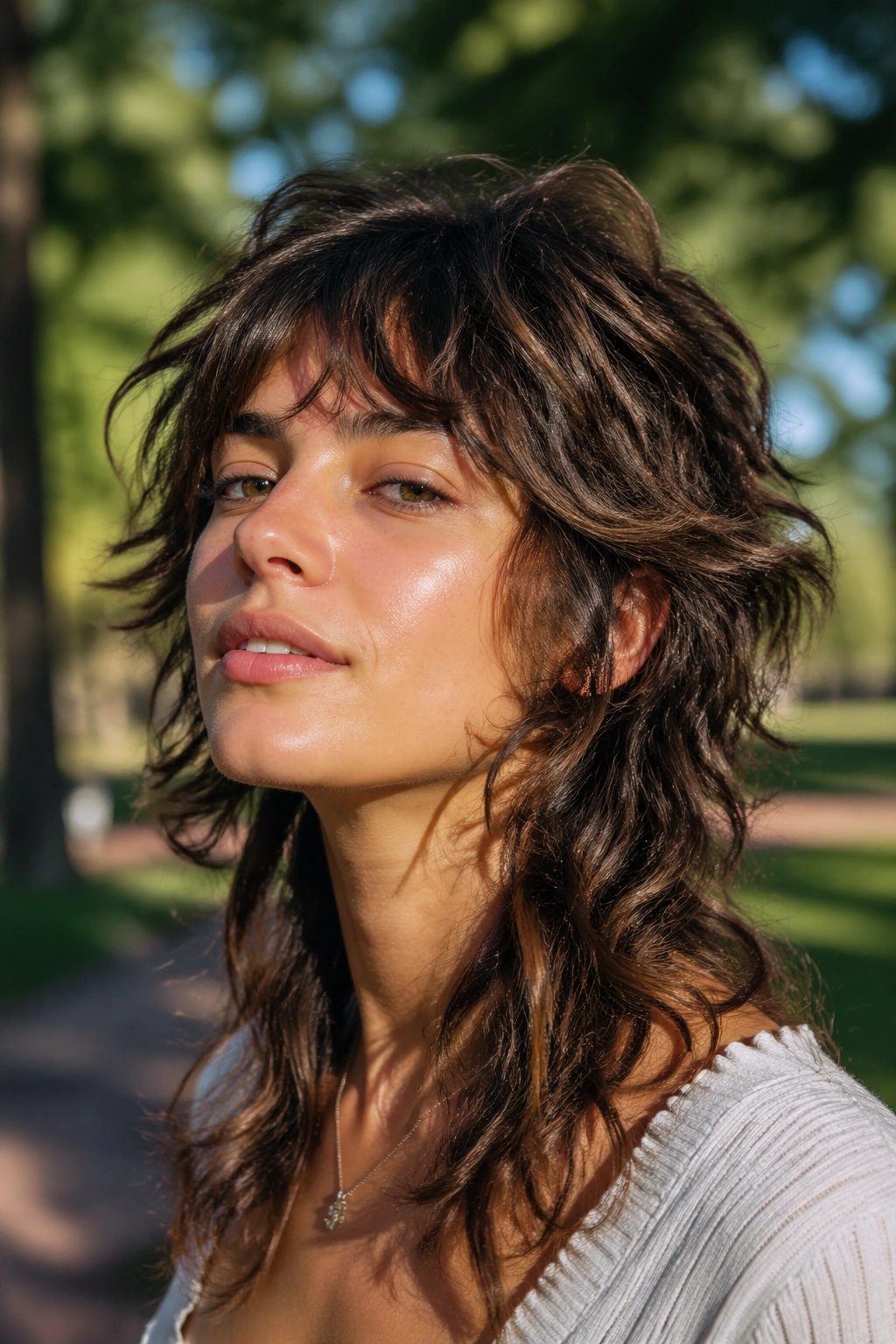 Close-up of a person with a wolf cut hairstyle in an outdoor park