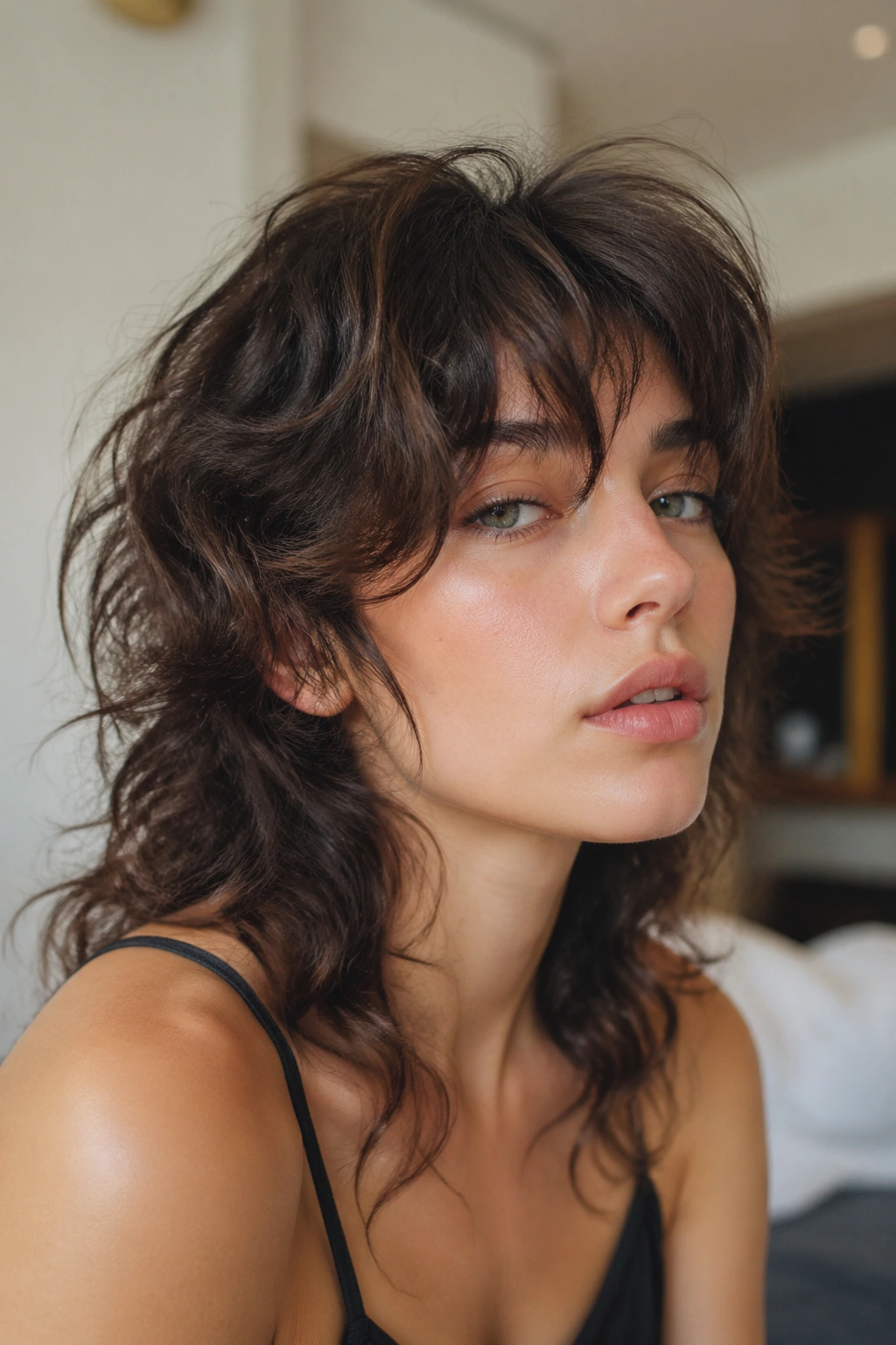 Close-up portrait of a real woman with an air-dried wolf cut and airy crown