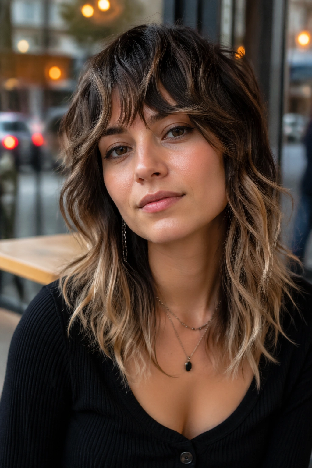 Real person with a wolf cut and beige-toned ends in a cafe setting