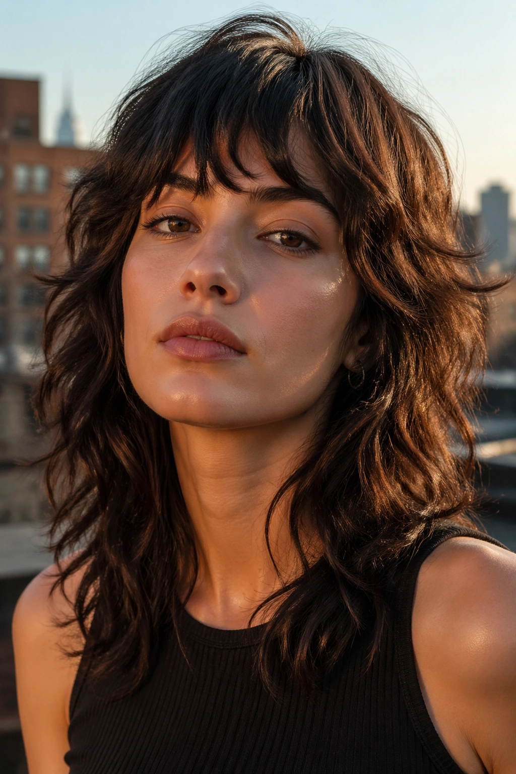 Close-up of a real person with wolf cut and choppy fringe in urban dusk lighting