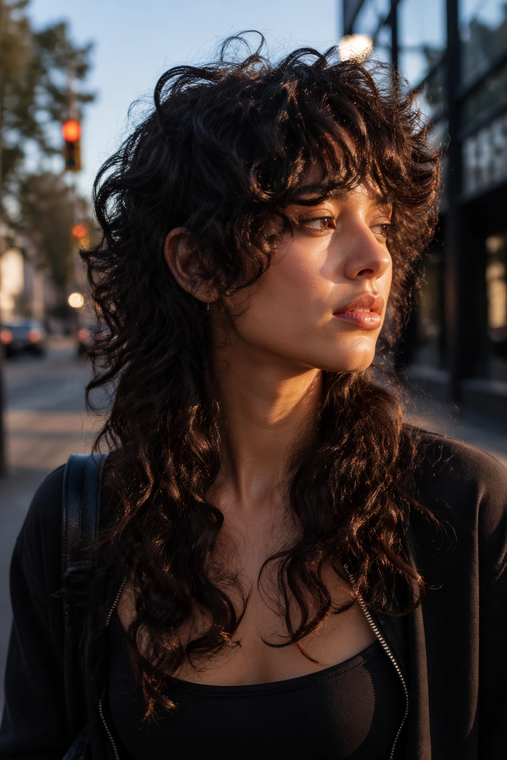 Portrait of a real woman with a wolf cut curly hairstyle on an urban street at golden hour