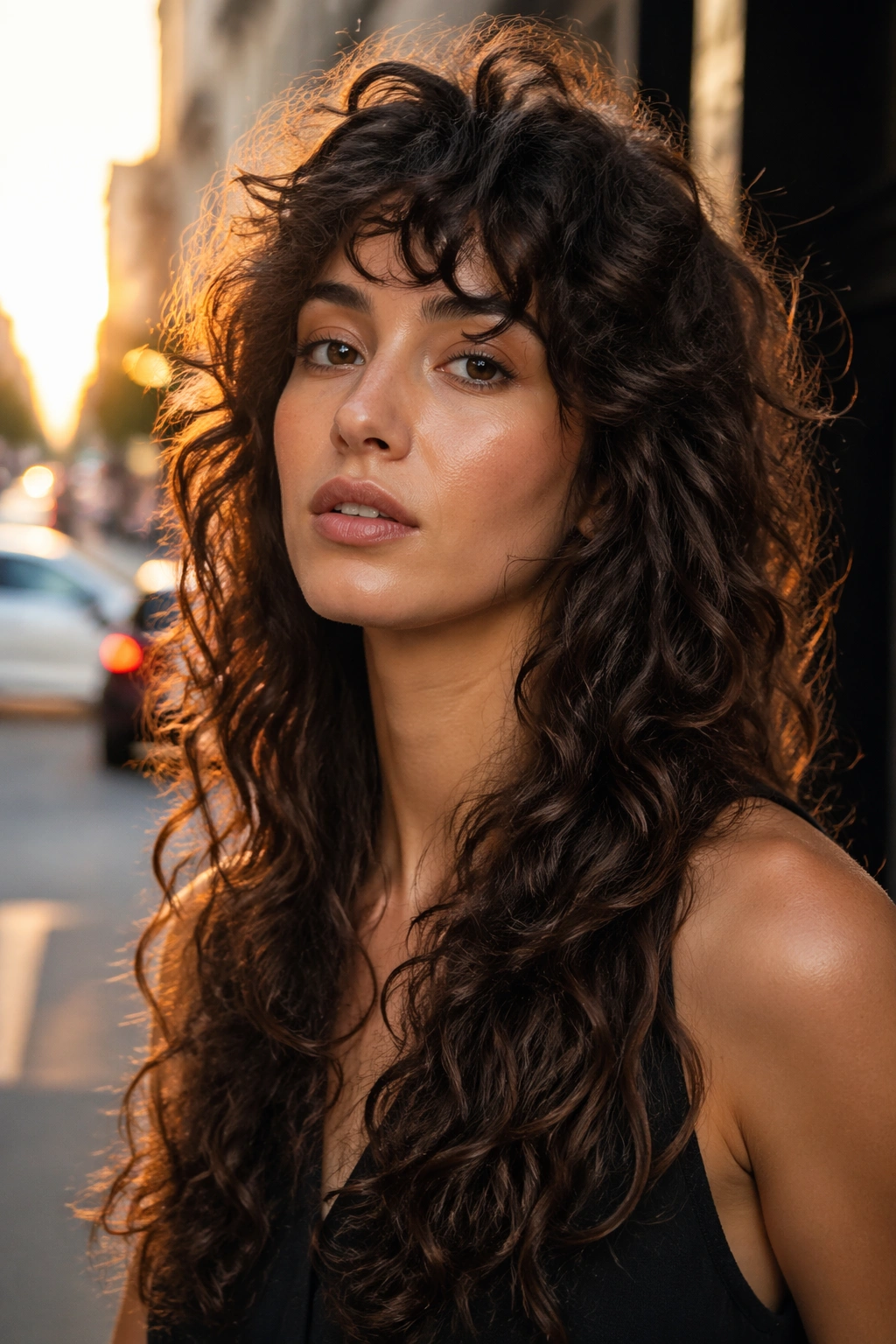 Portrait of a real woman with a long curly wolf cut against a warm sunset street scene