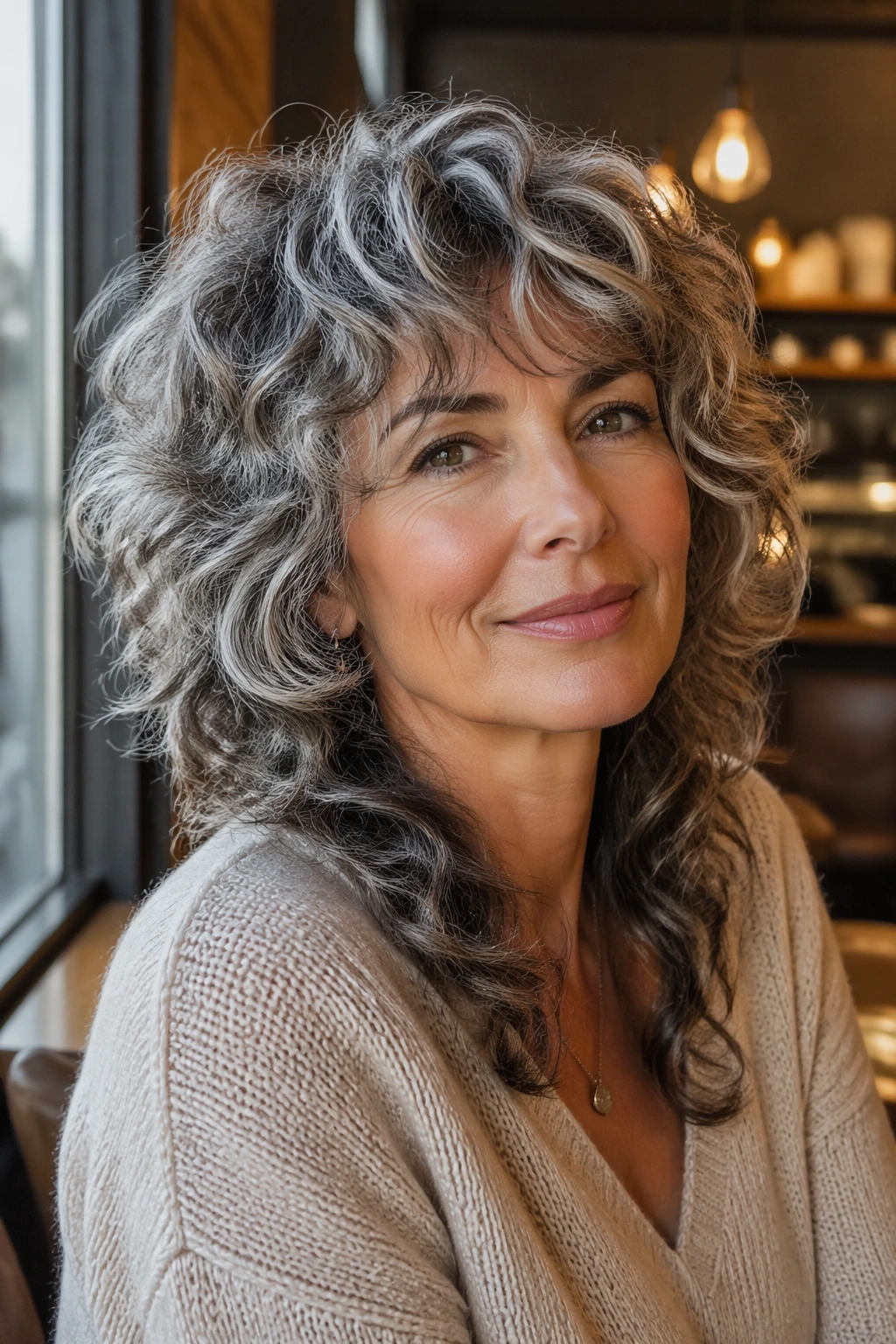 Close-up of real woman with soft curly wolf cut in cafe window light