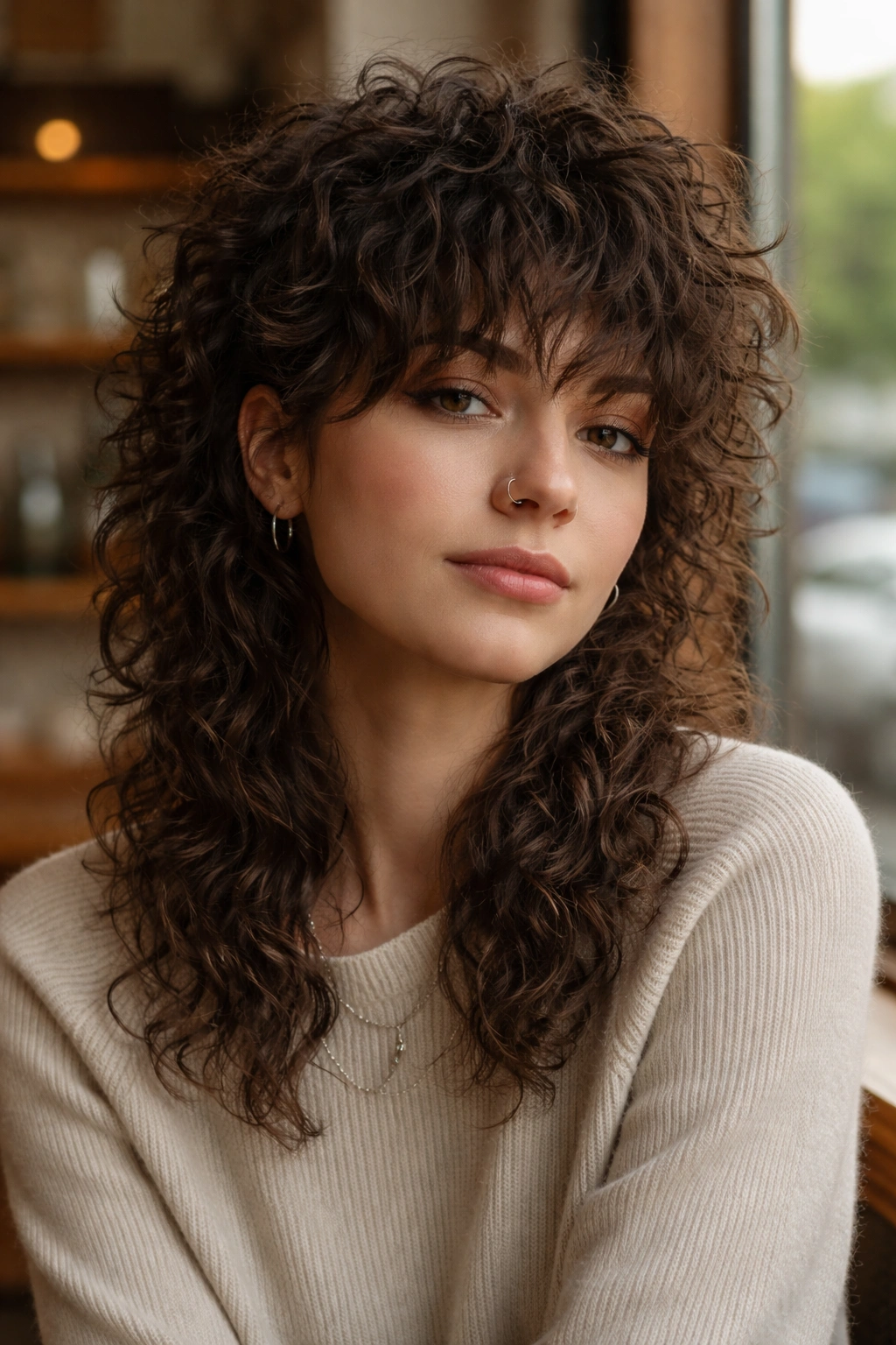 Portrait of a person with wolf cut curly mullet and textured crown.