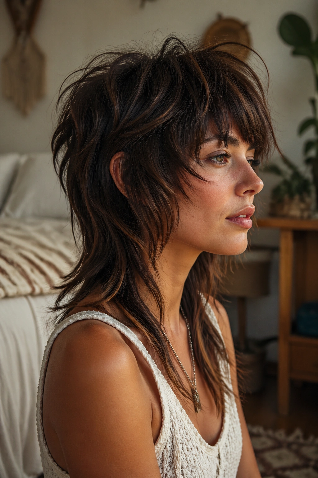 Real person with a wolf cut featuring short crown layers and longer lower layers