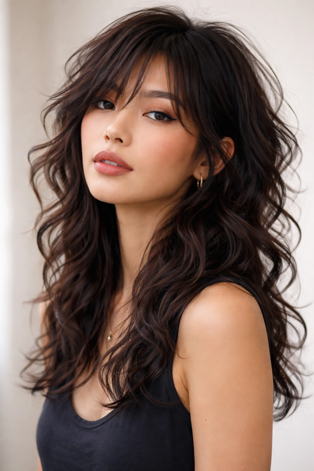 Wolf cut hairstyle with loose curls showing layered texture