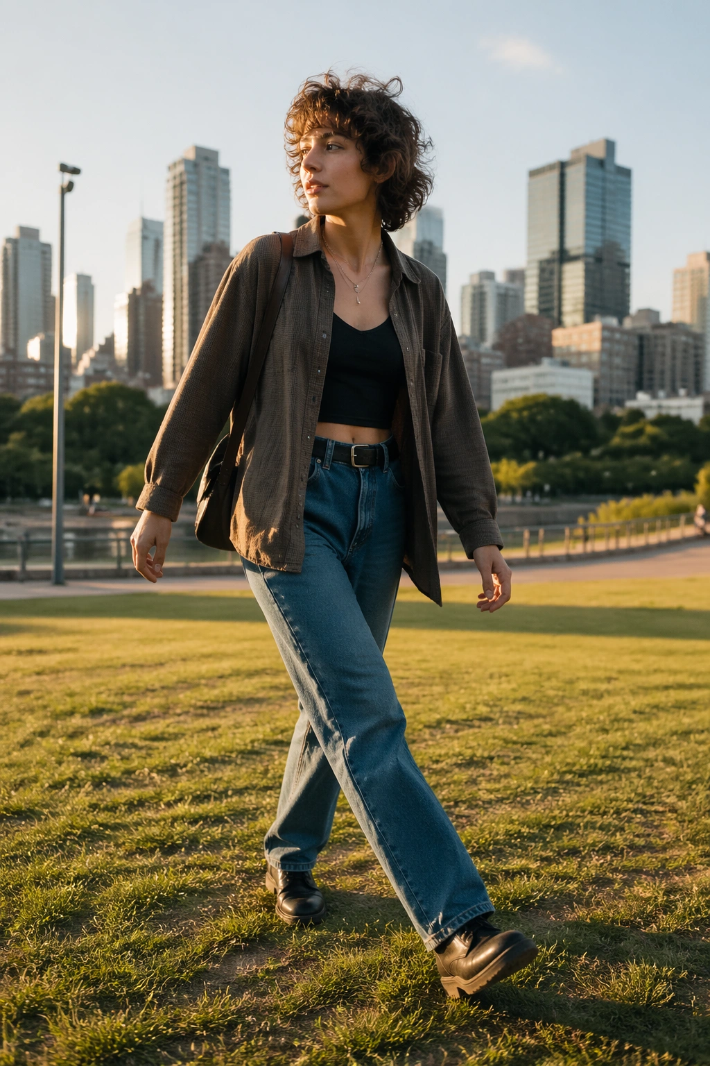 Outdoor hero shot of a short curly wolf cut during golden hour.