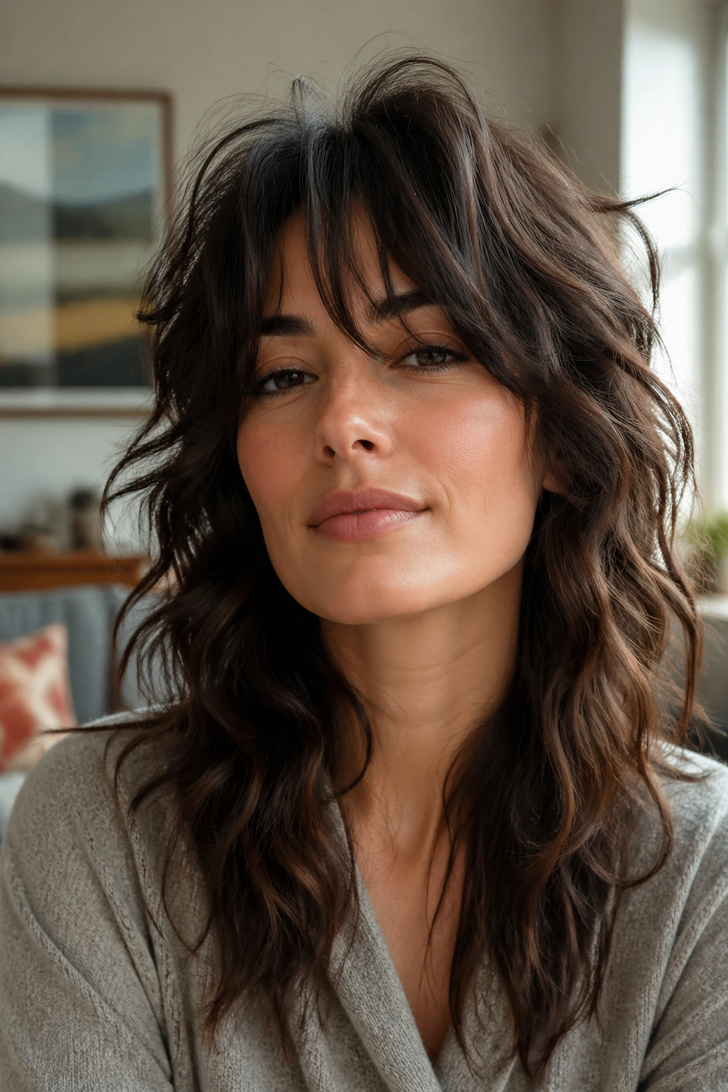 Close-up of a real woman with a wolf cut and soft waves in natural window light
