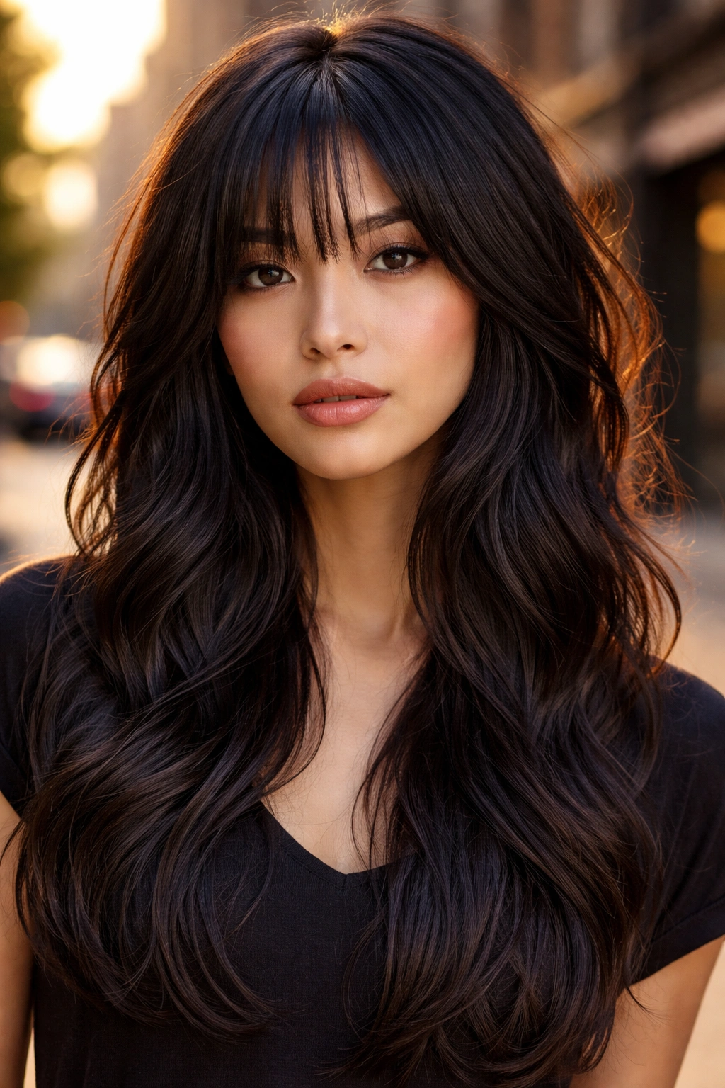 Close-up of a real woman with soft wolf cut waves and long bangs on a city street at golden hour