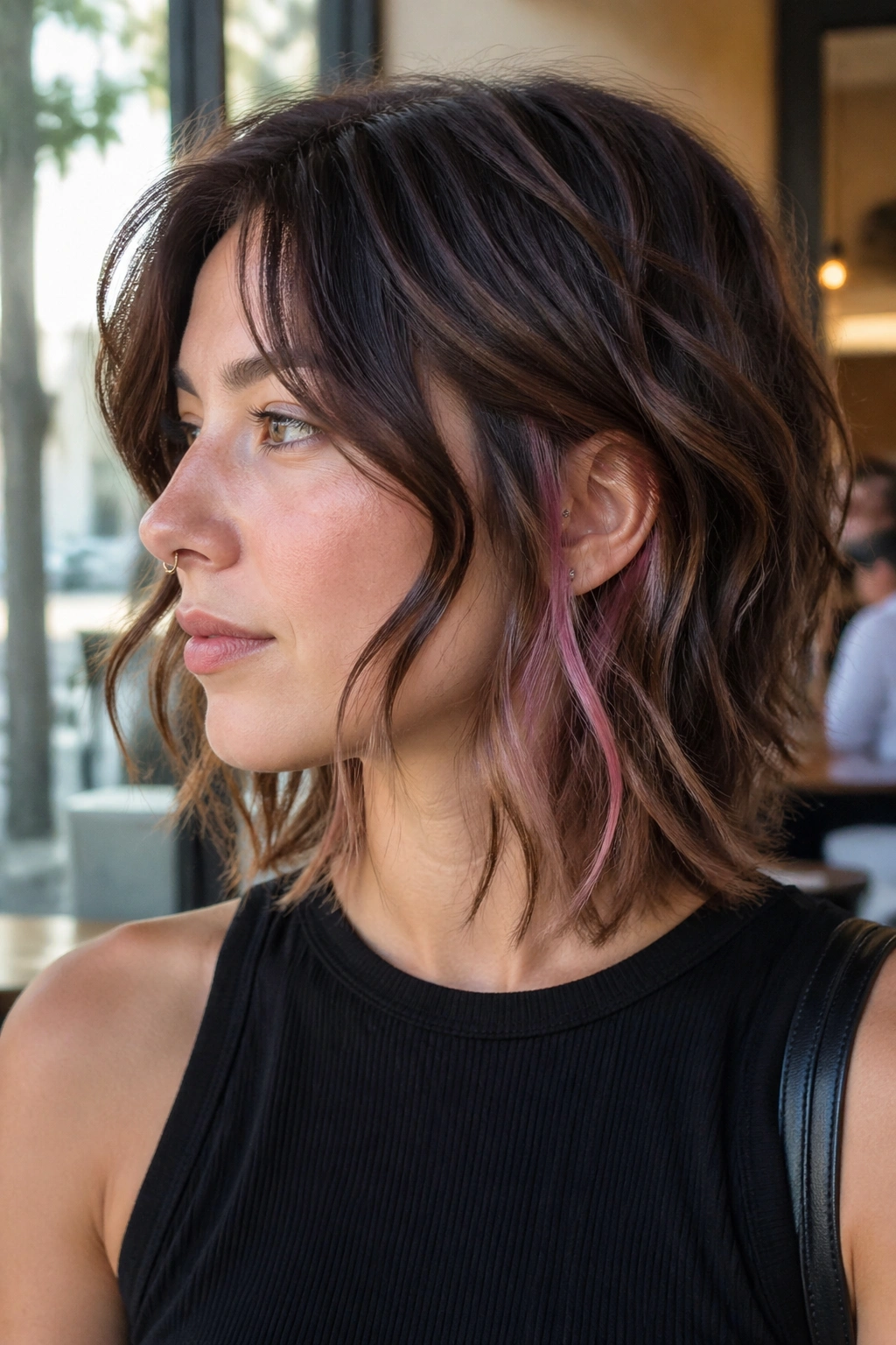 Close-up of a real woman with a wavy wolf-inspired lob and peekaboo color