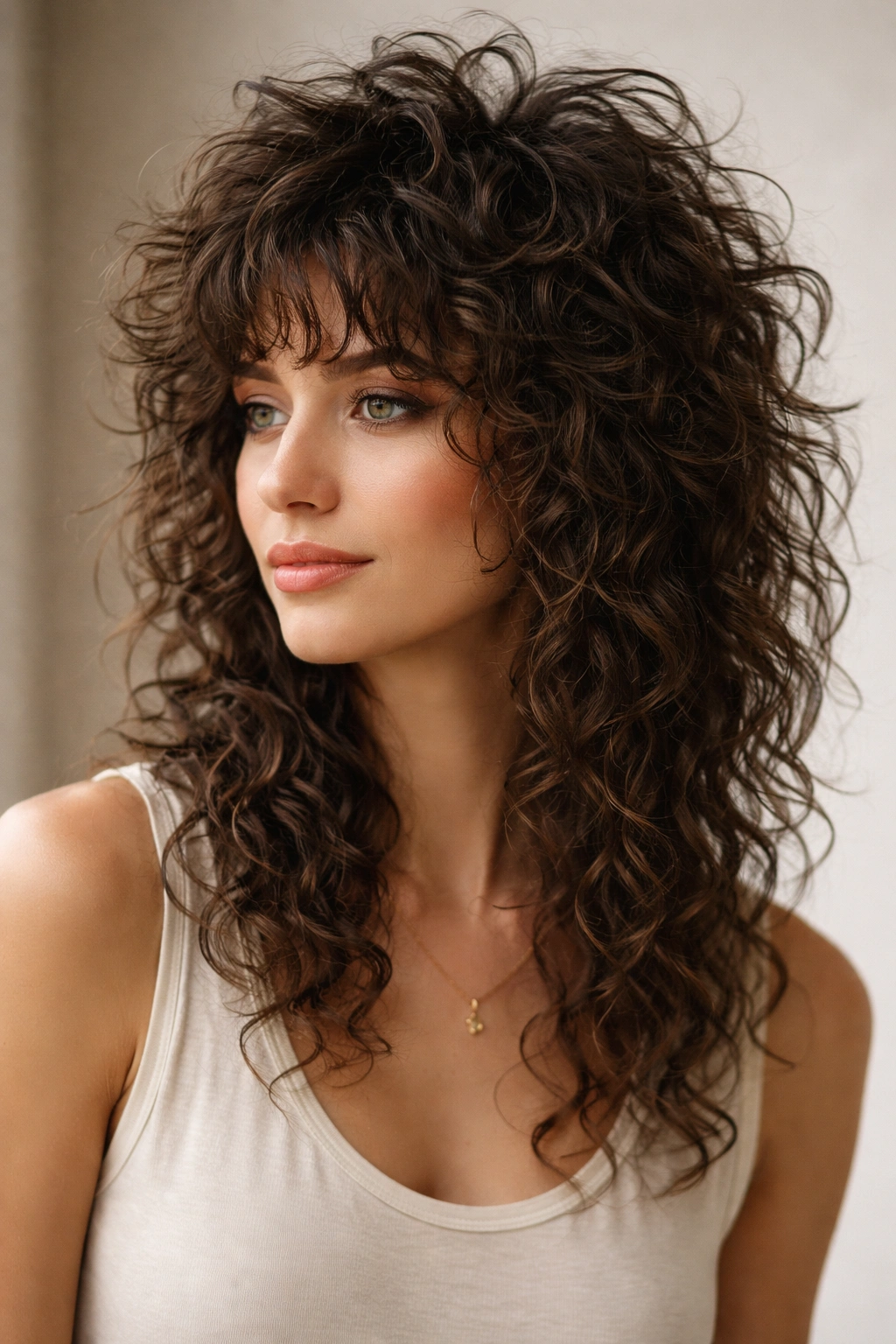 Medium shag with high crown and piecey layers highlighting texture.