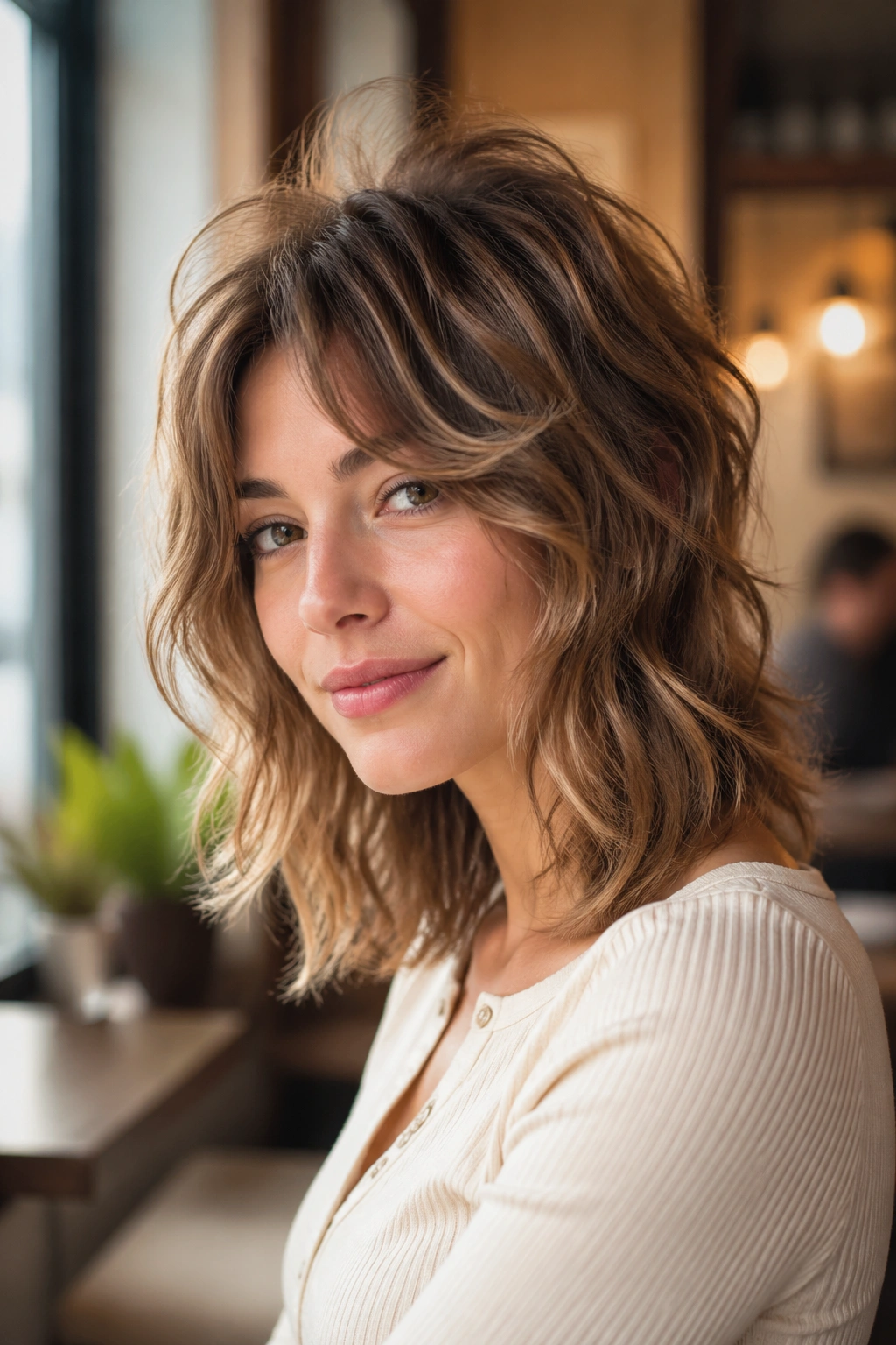 Close-up of a real woman with wolf-lite shoulder shag in a cafe setting