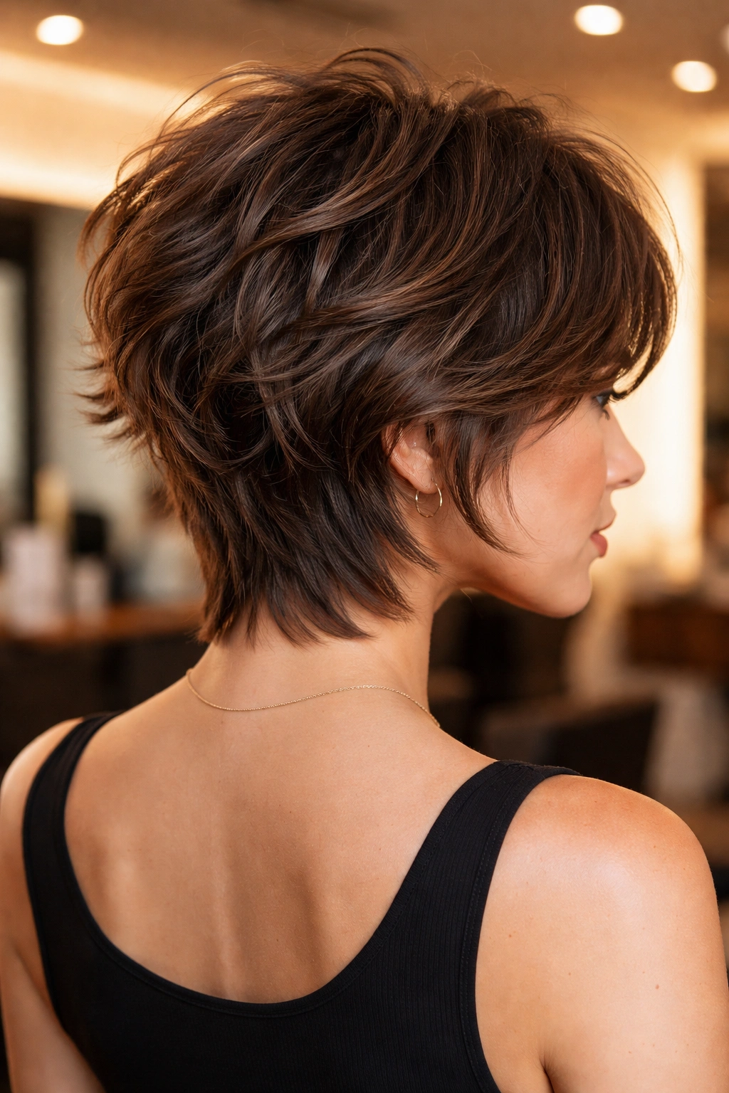 Real woman with wolf-shag bob and tapered nape in modern salon lighting