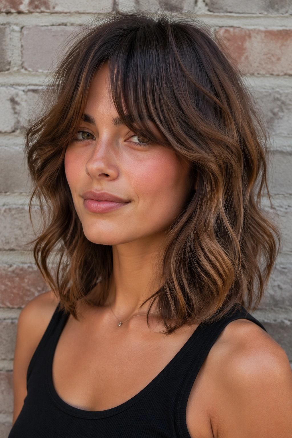 Close-up portrait of a real woman with wolfed lob and textured curtain bangs against a soft brick background