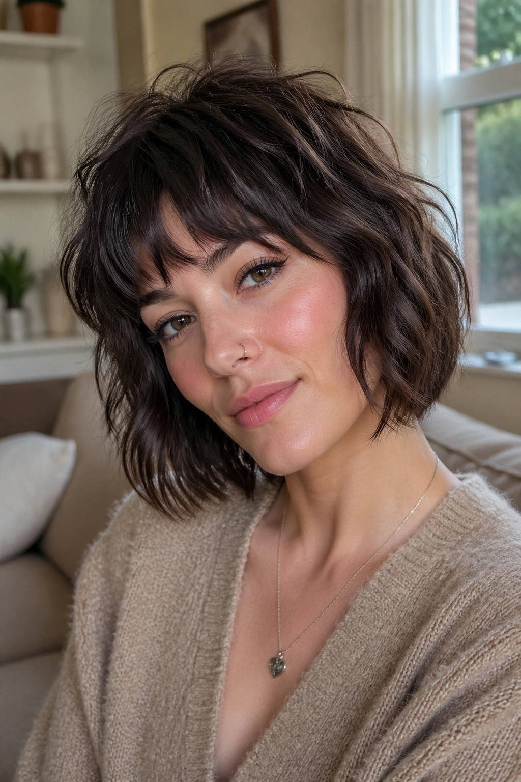 Real person with a wolfy bob and soft fringe in natural daylight.
