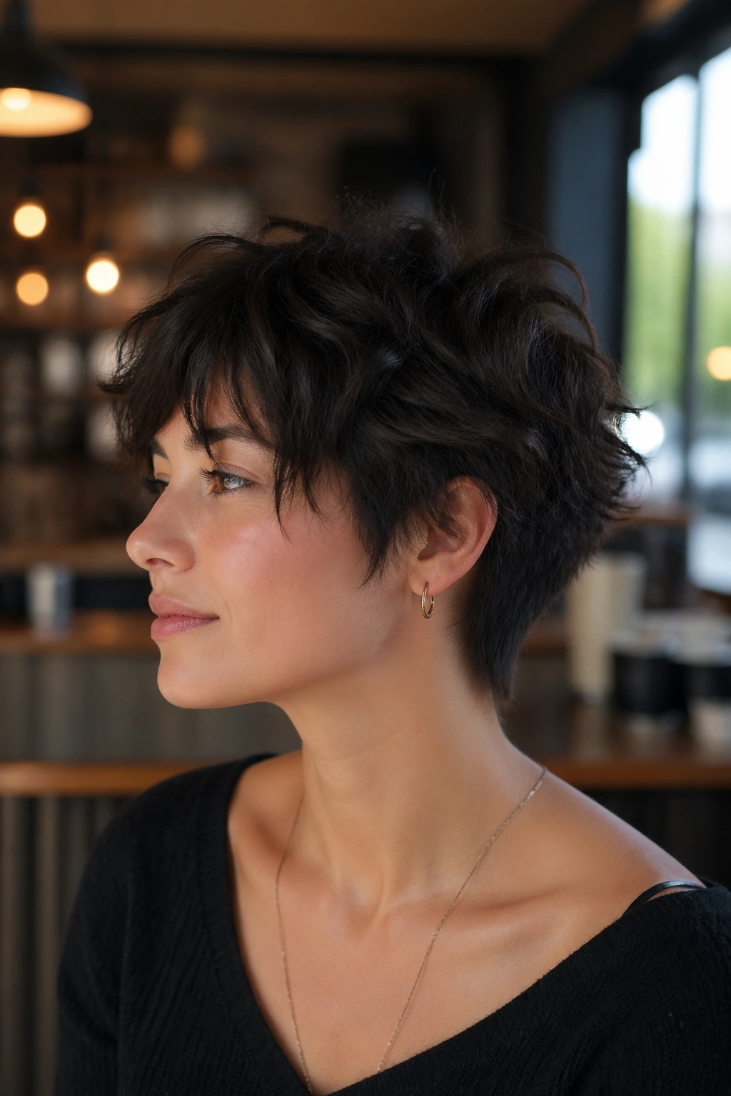 Portrait of a real person with a wolfy crop and tapered nape in natural light