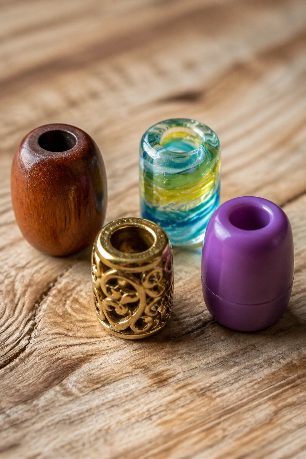 Beads of wood, glass, metal, and plastic on wood surface highlighting bead materials