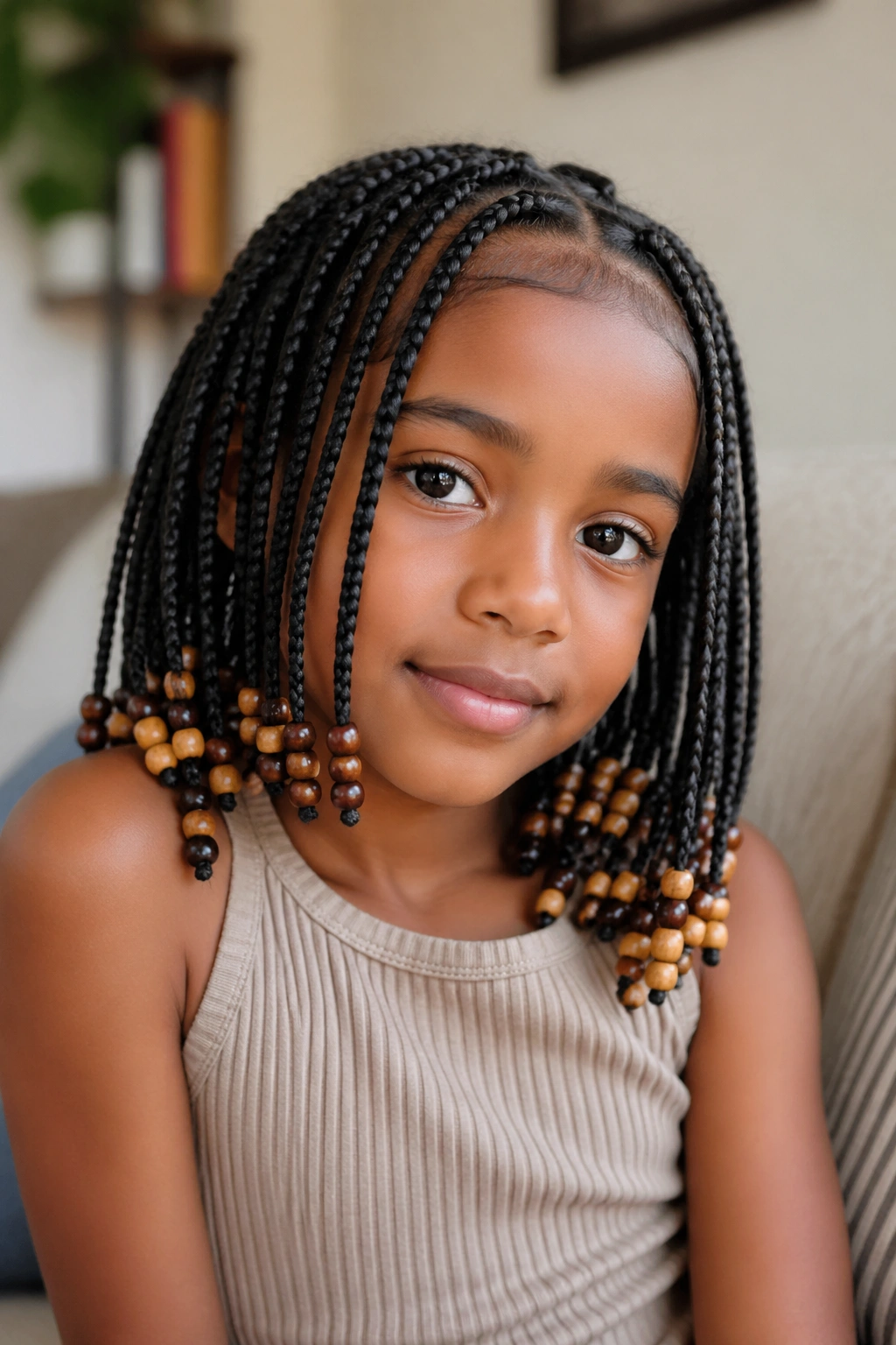 Close-up of a real child with wooden-bead box braids