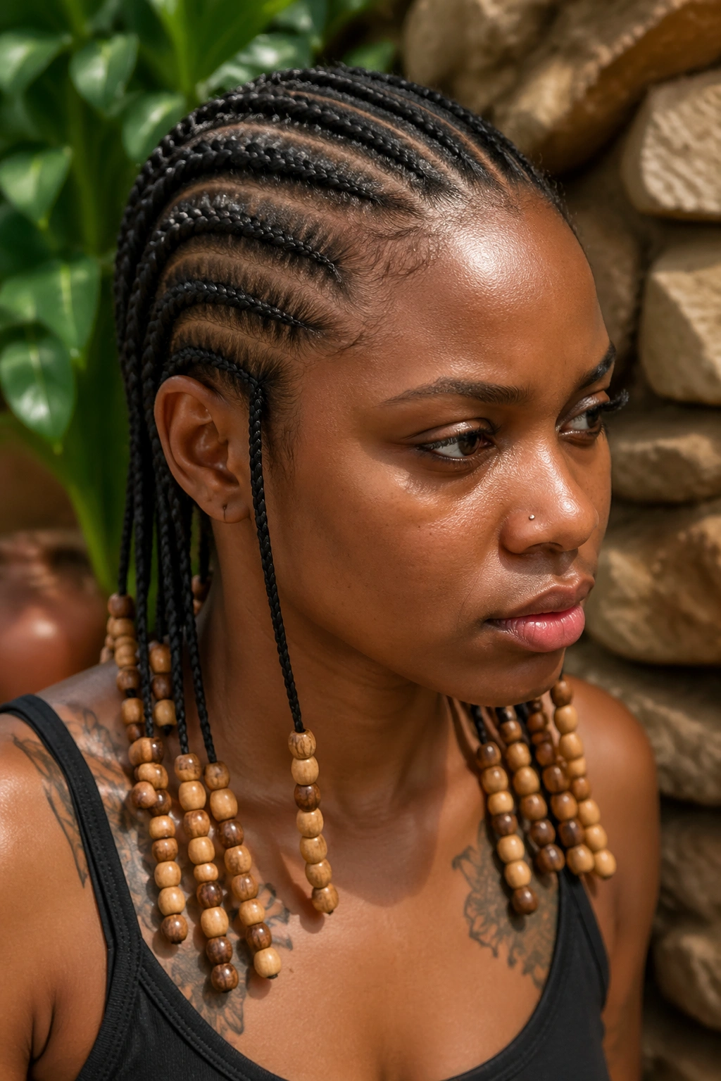 Close-up of natural cornrows with wooden beads, no extensions.
