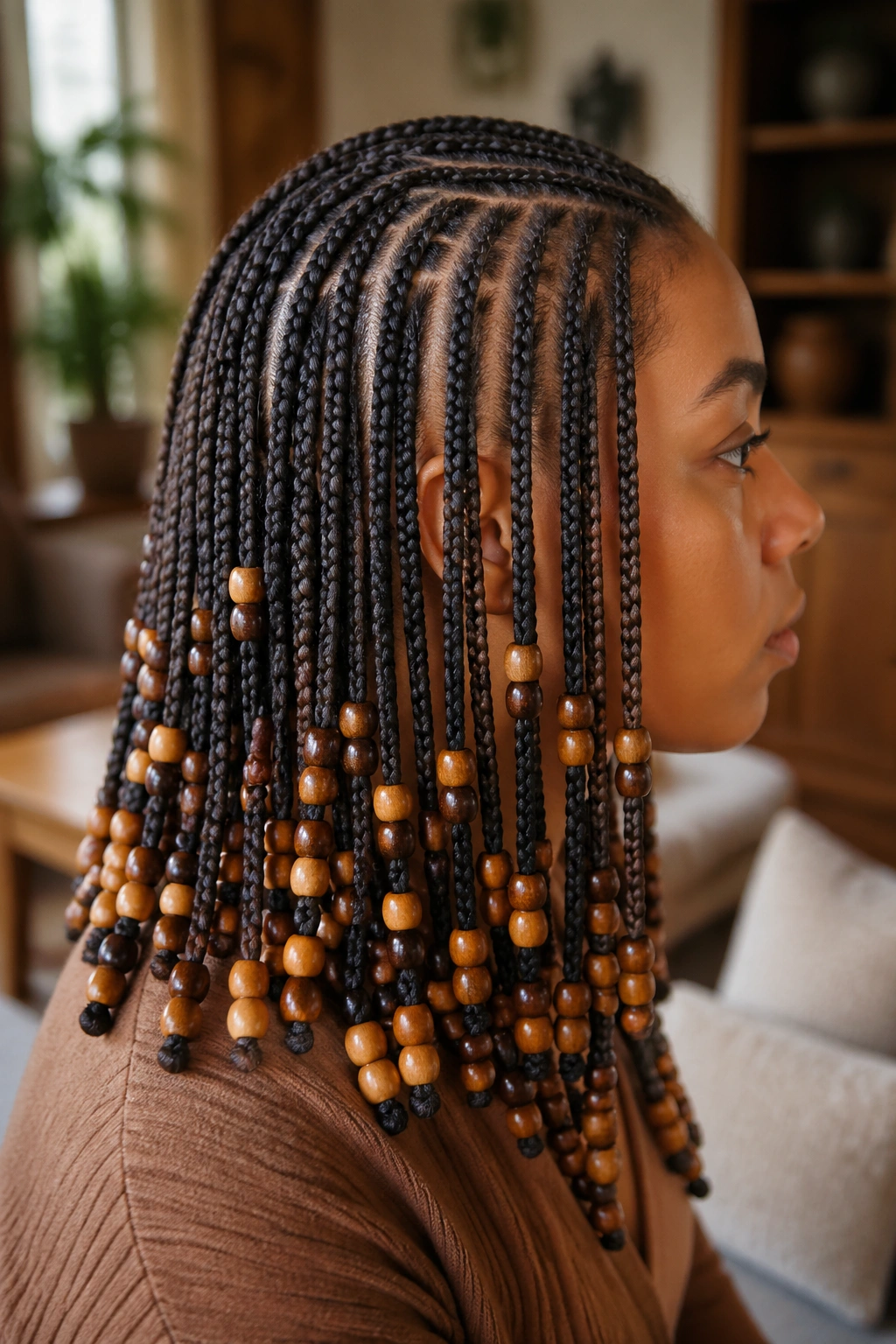 Real person with wooden beads on cornrows, warm natural wood beads