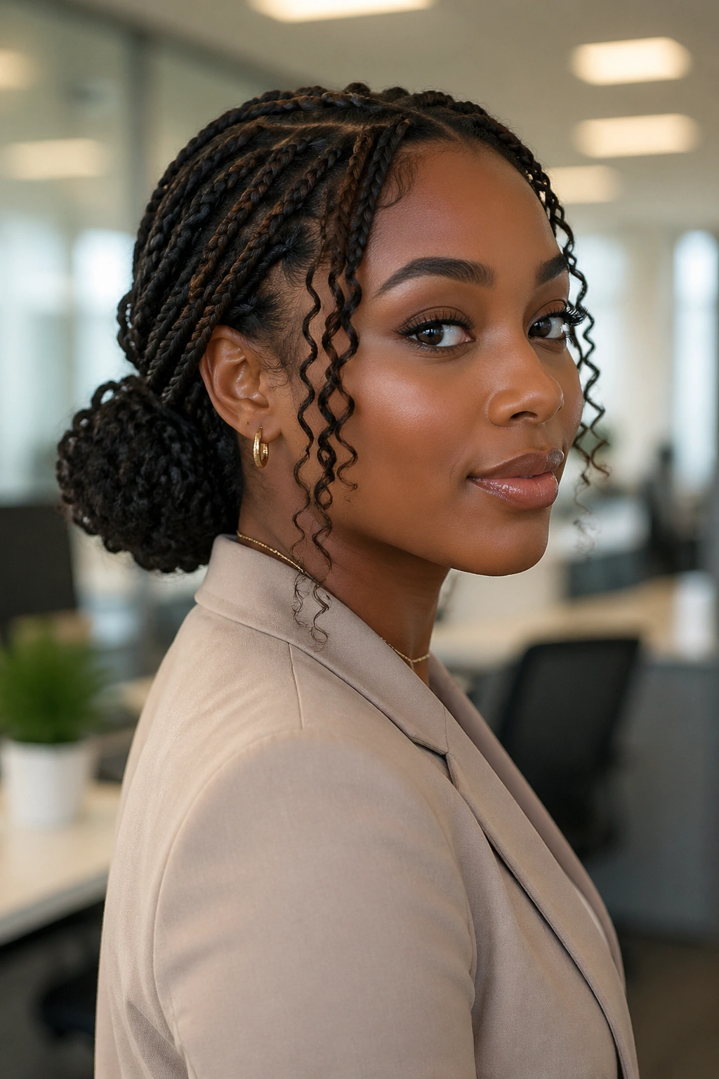 Professional knotless braids with curls in a sleek work setting