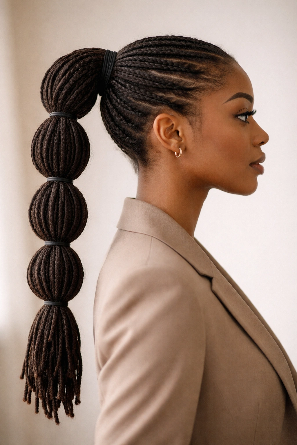 Side profile of a minimal bubble ponytail on locs with evenly spaced bubbles
