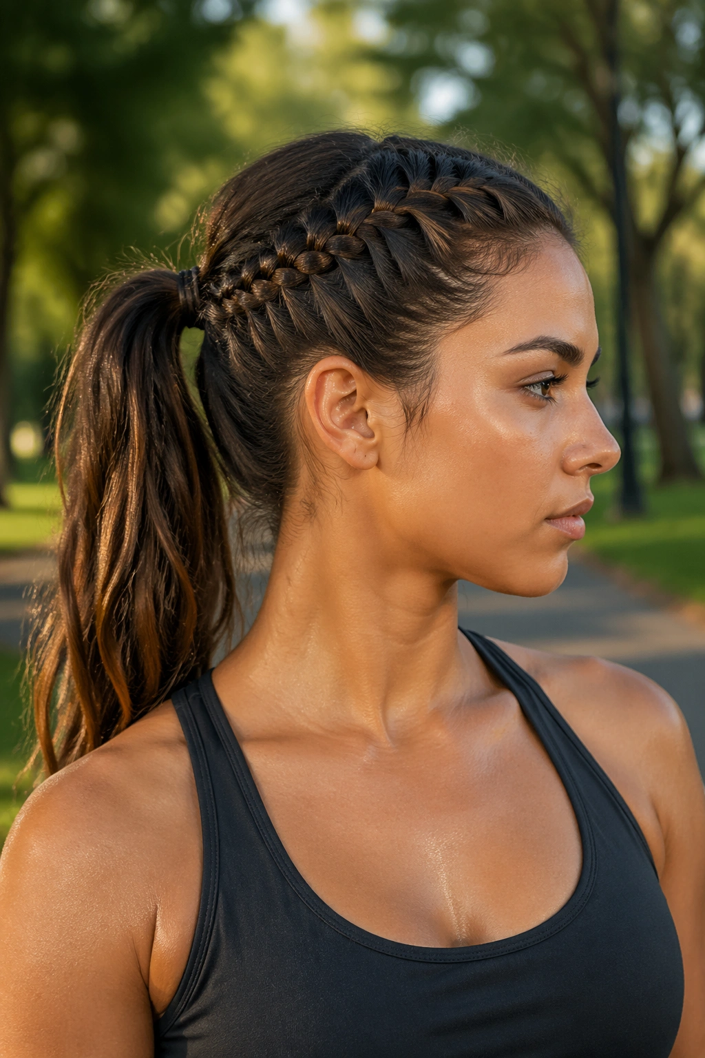 Close-up portrait of a real woman with a workout-secure side stitch braid ponytail, secure elastic, in a park.