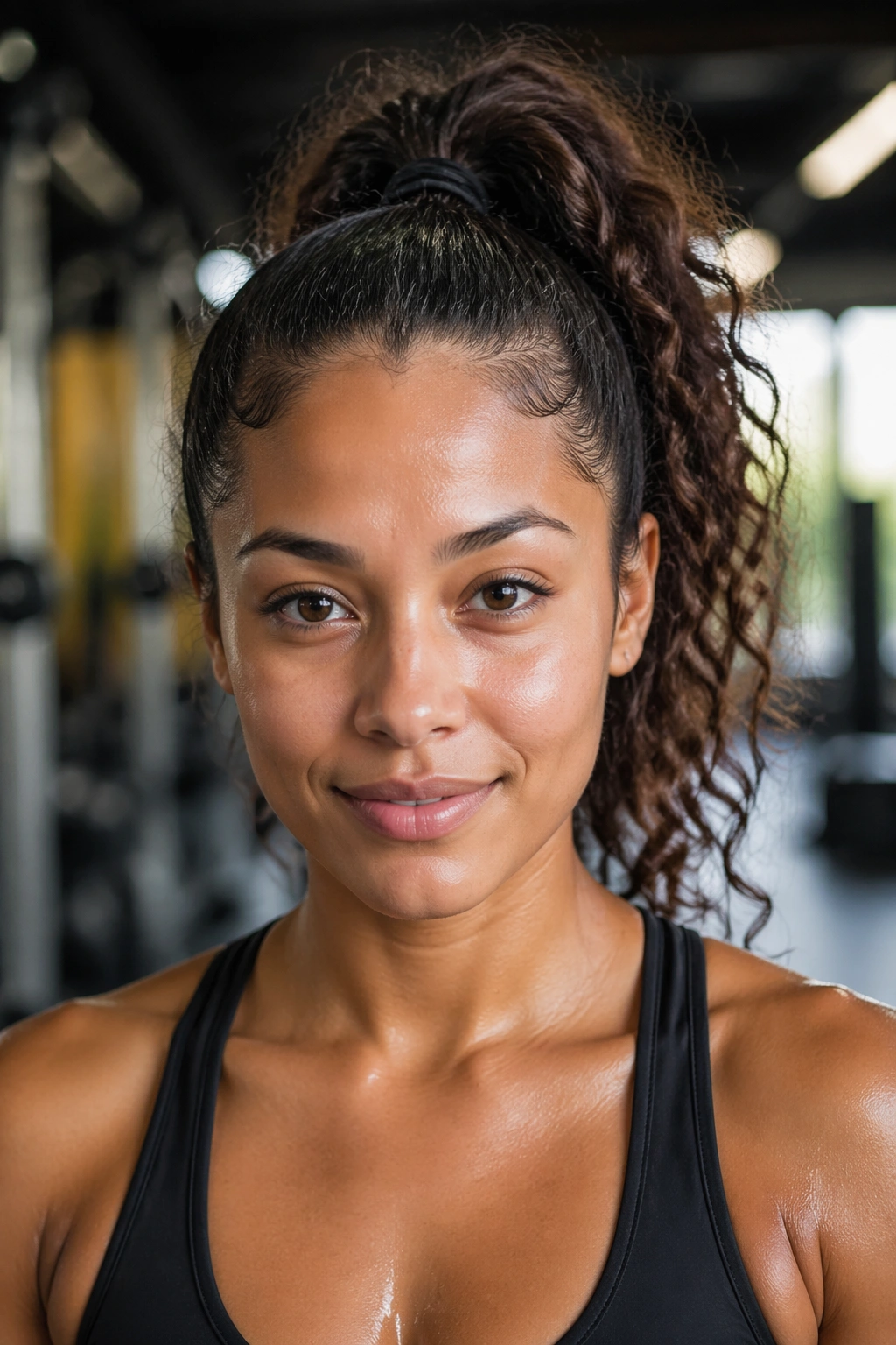Portrait of a real woman with a high workout ponytail in gym setting