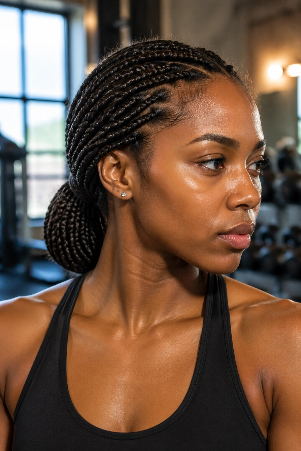 Close-up of a real person with a low ponytail of box braids in a gym setting