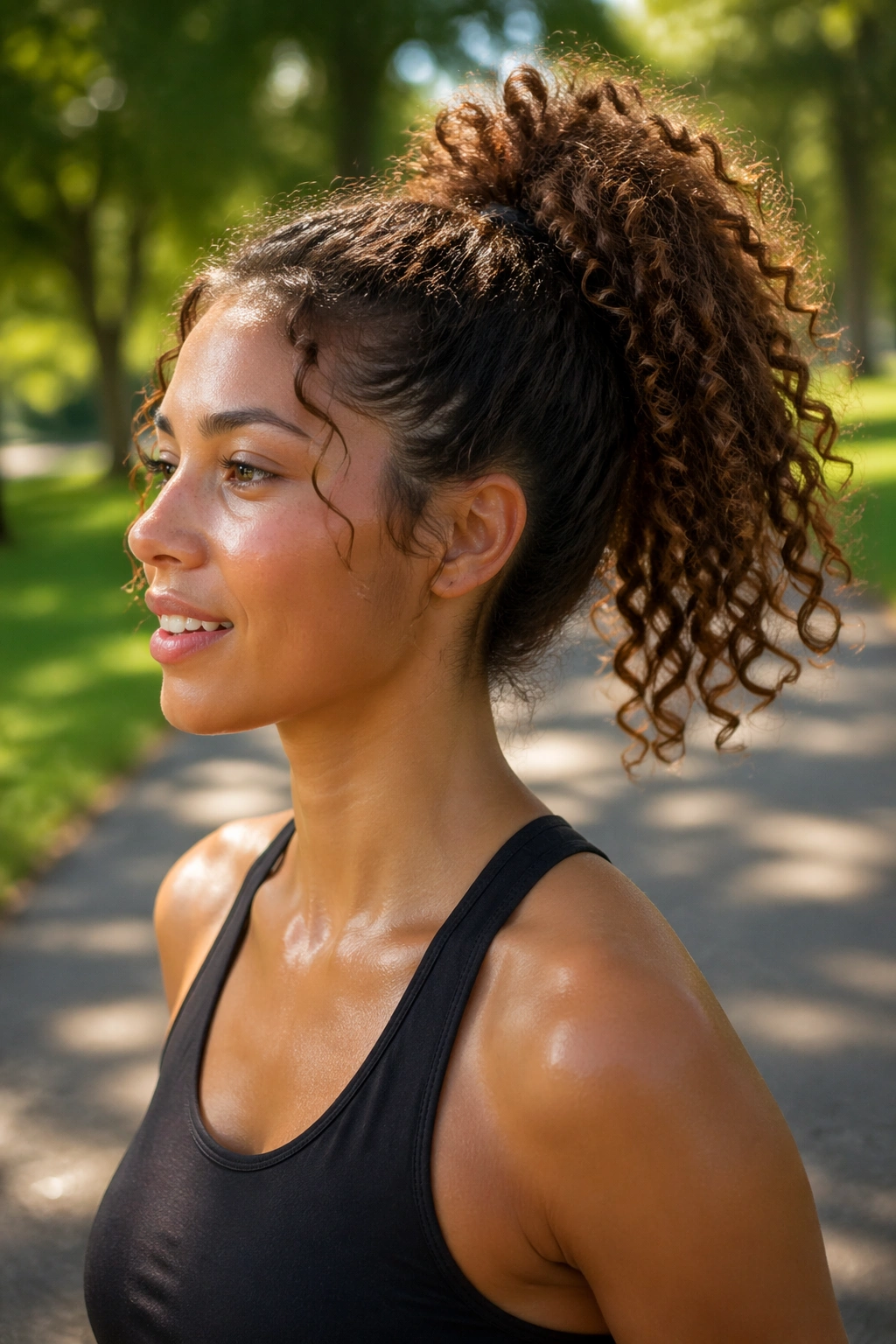 Side-profile of real person with a high ponytail and bouncing curls in a park