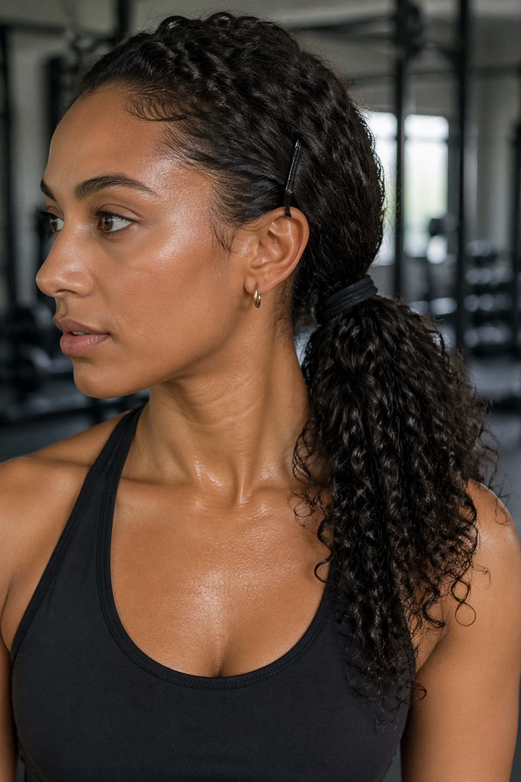Real woman with workout-ready side ponytail, athletic look
