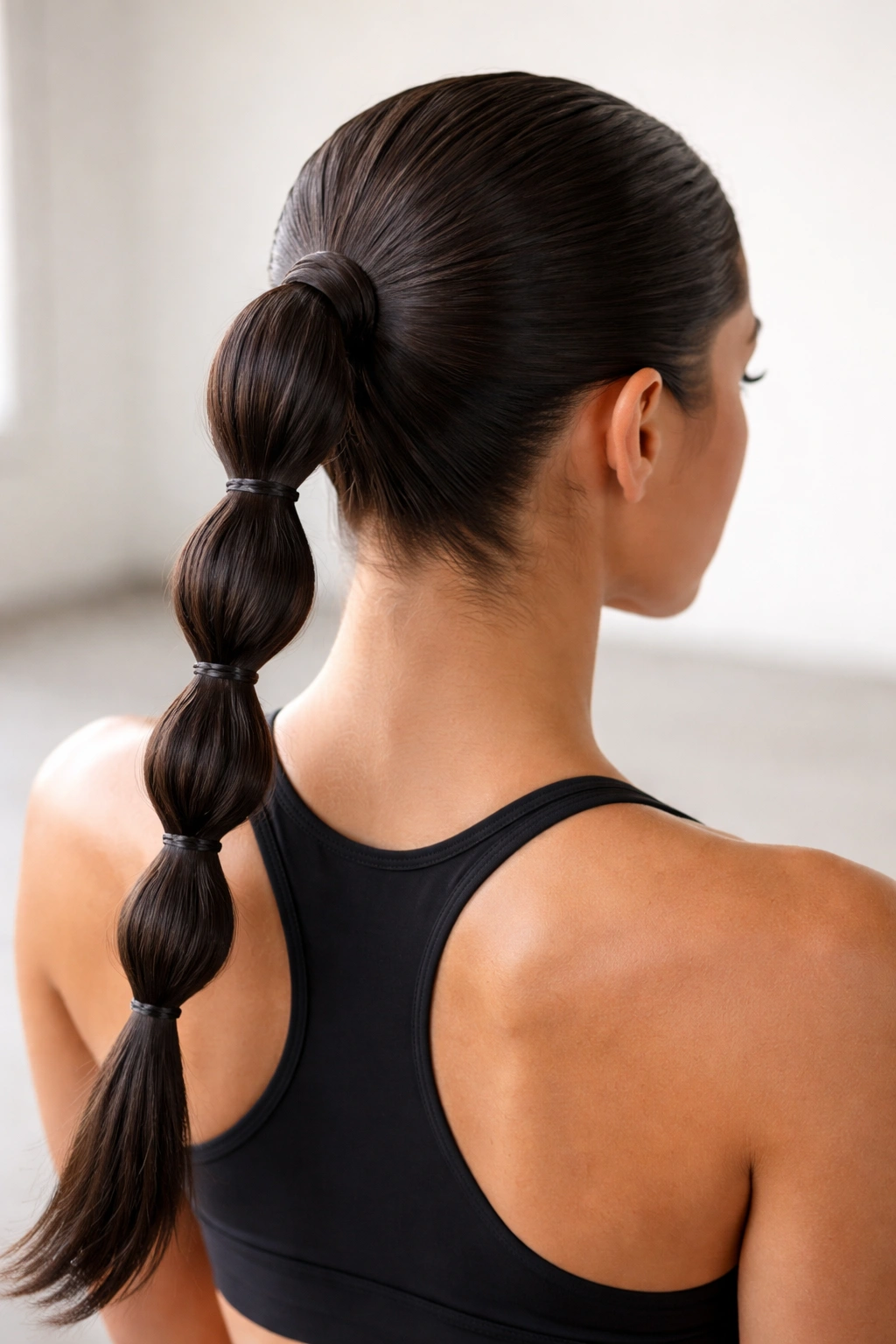 Sleek low bubble braid ponytail with tight crown and small bubbles
