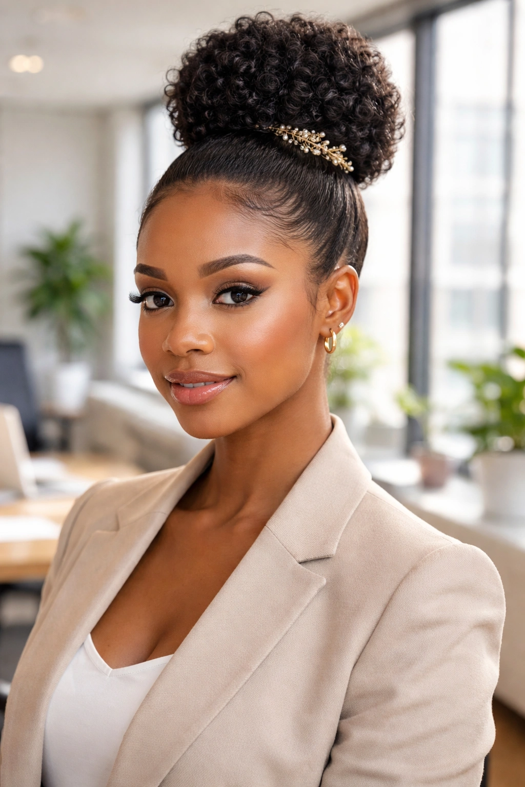 Professional portrait of a woman with a sleek workplace high bun and decorative pin