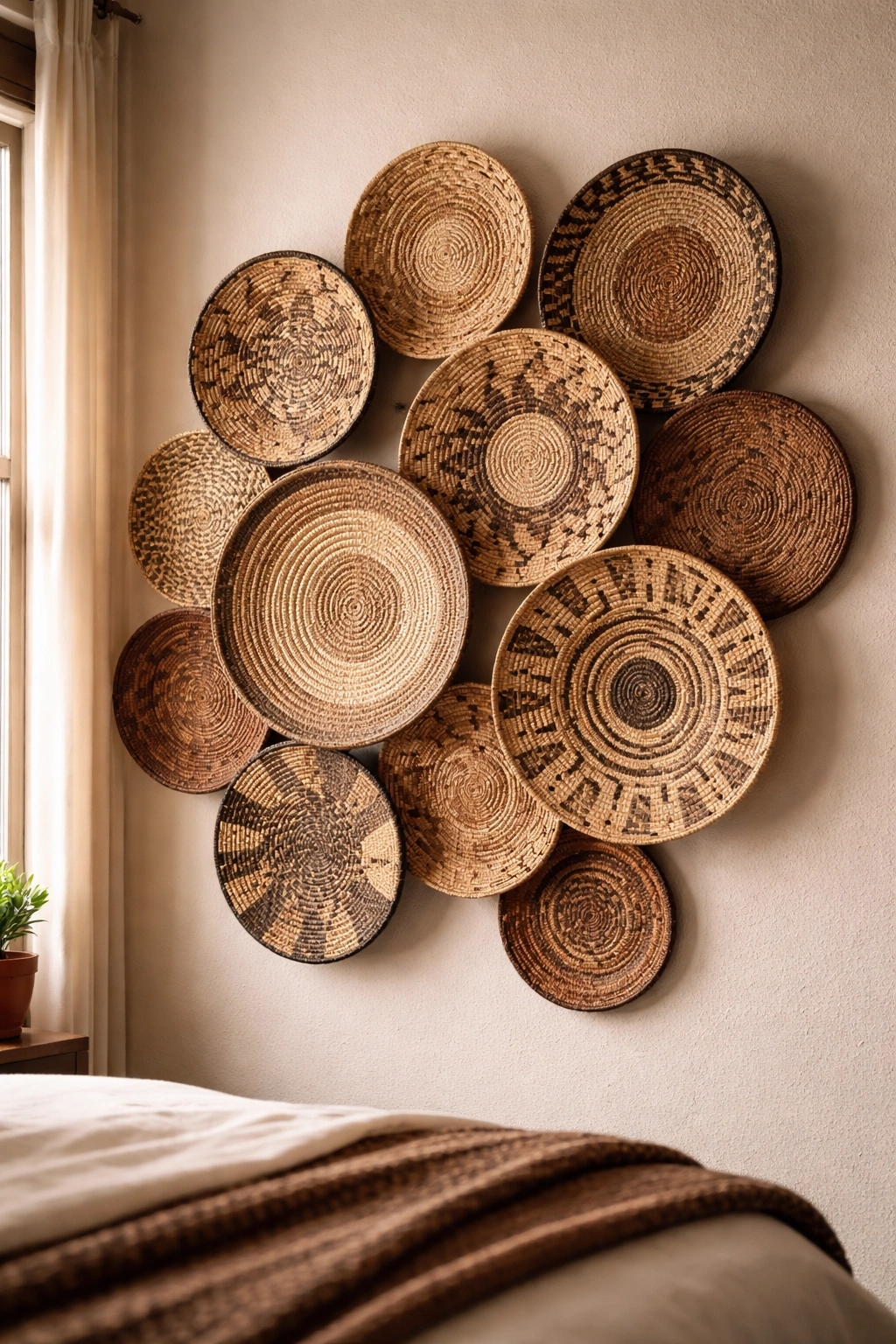 Cluster of woven wall baskets arranged on a bedroom wall.