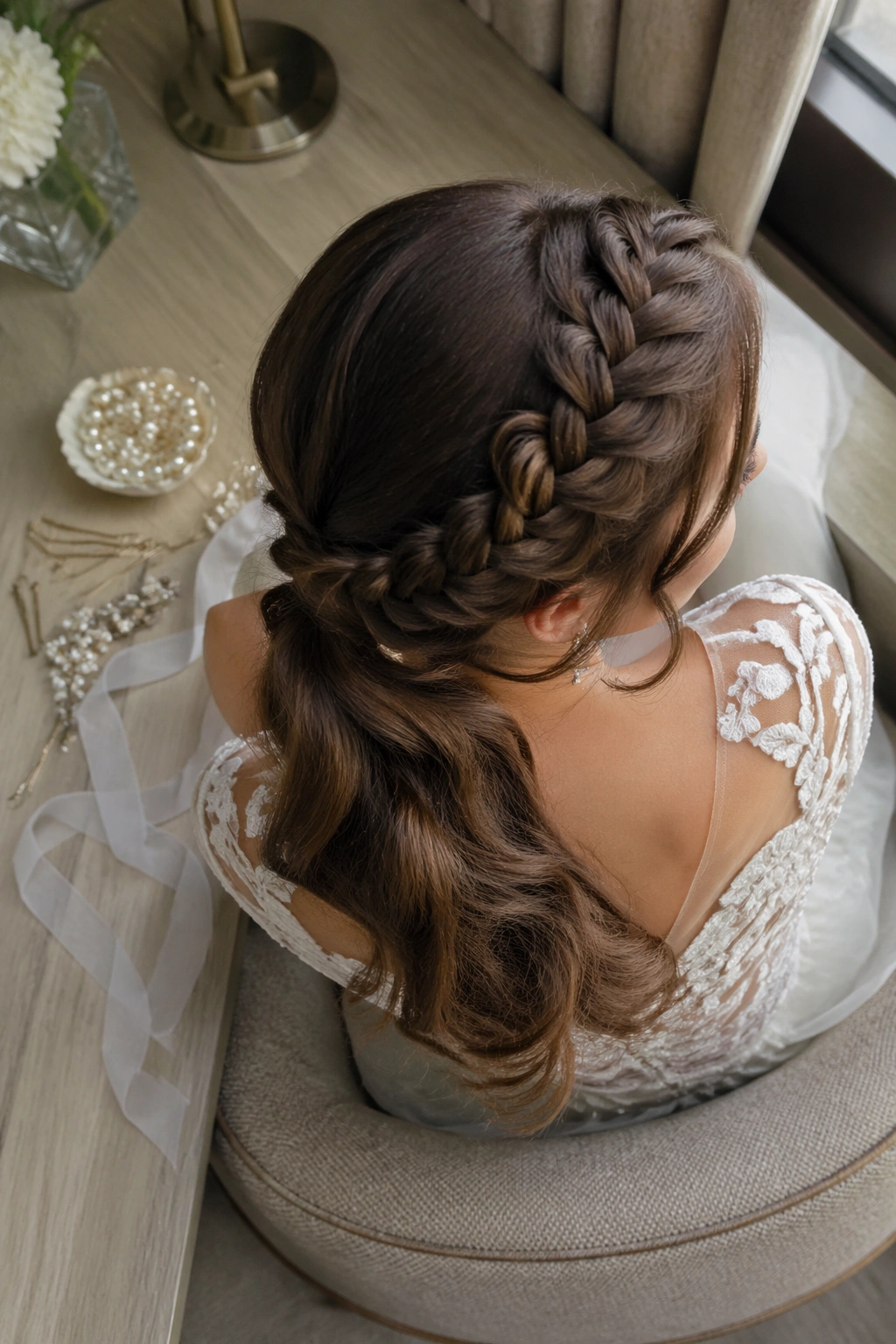 Overhead flat-lay of side braided ponytail with styling tools.