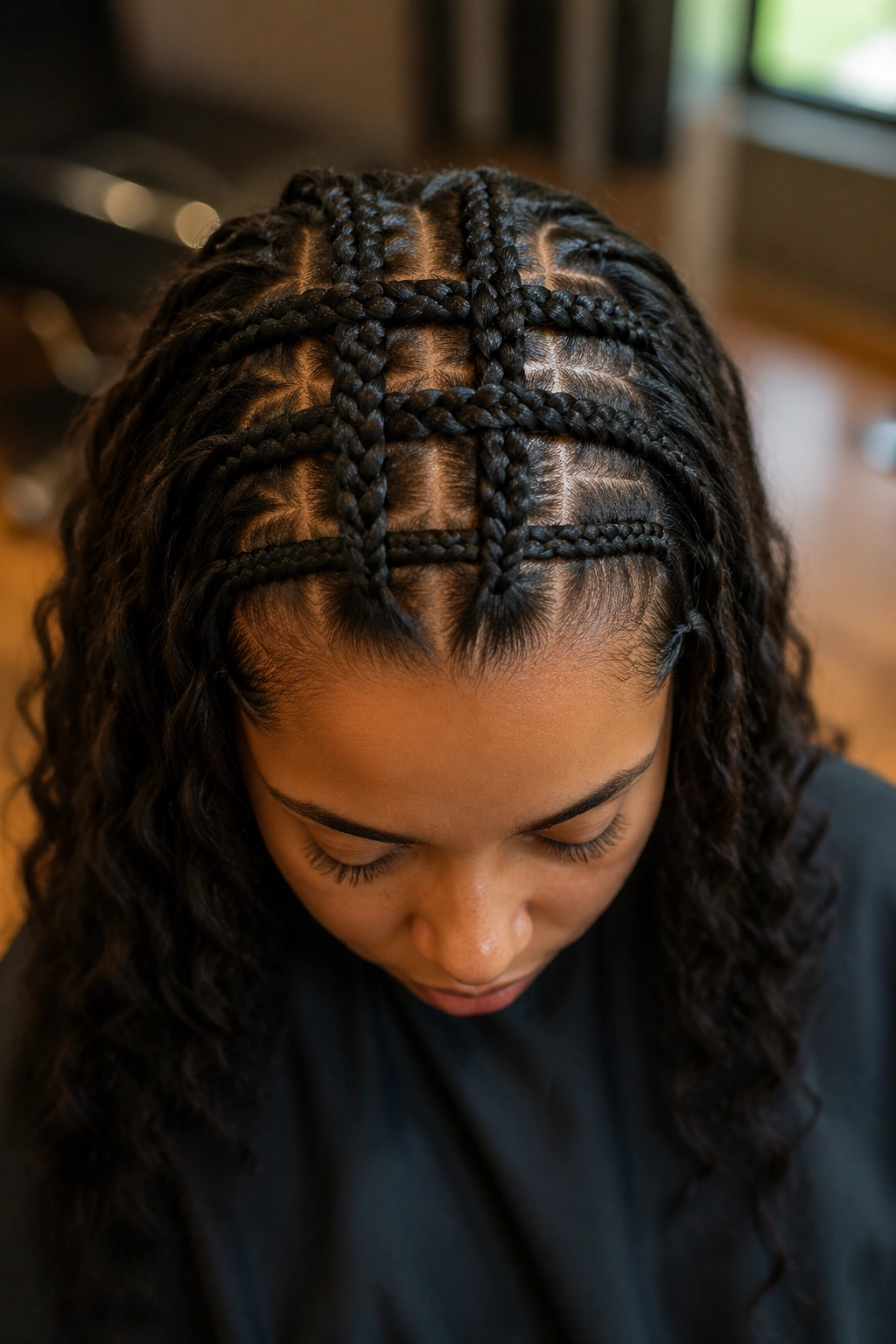 Close-up of crown woven grid cornrows on a real person.