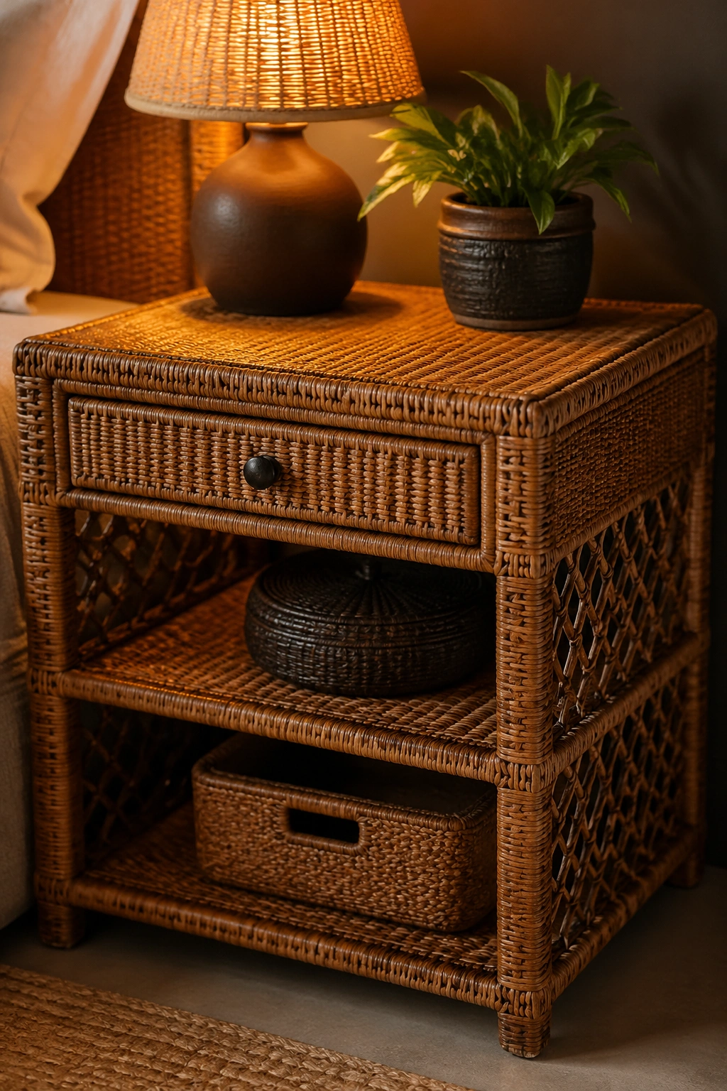 Close-up of a woven rattan nightstand with lamp in a bedroom.