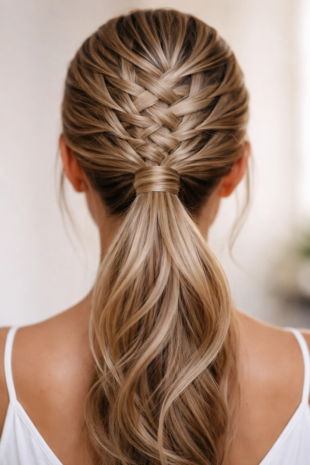 Close view of an intricate woven ponytail with crisscrossed sections creating a basket-weave pattern.