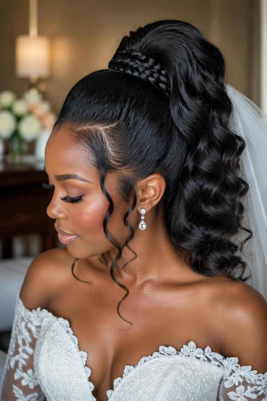 Real bride with wrap-around braid half up ponytail in bridal suite window light
