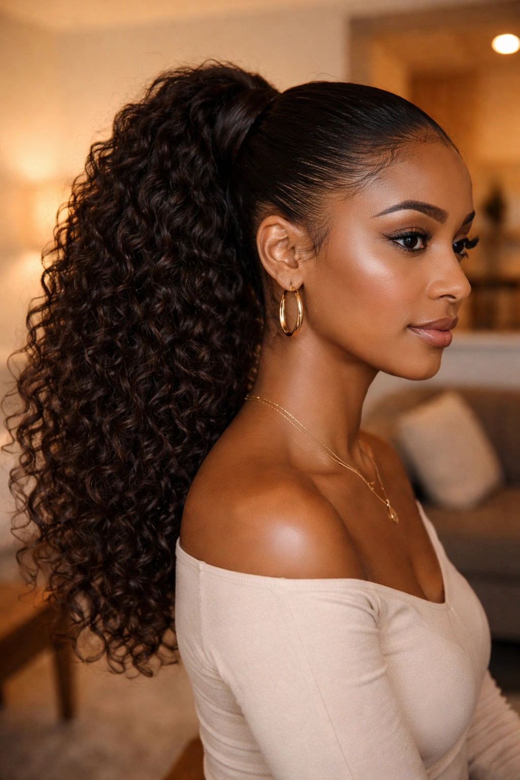 Close-up of a woman with a wrap-around ponytail concealing the elastic